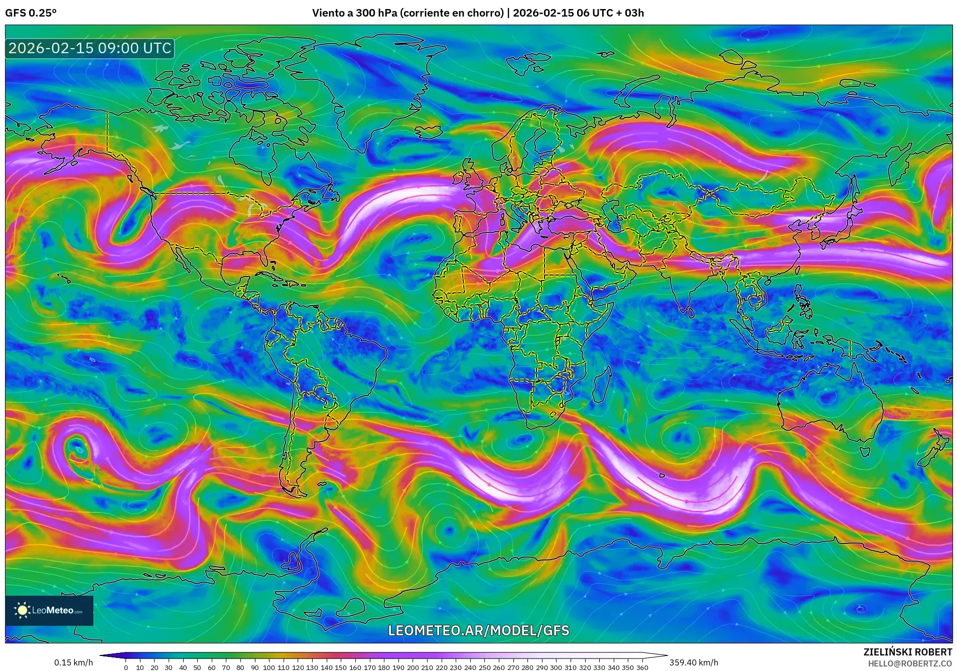 GFS model - Mundo, Viento a 300 hPa (corriente en chorro)