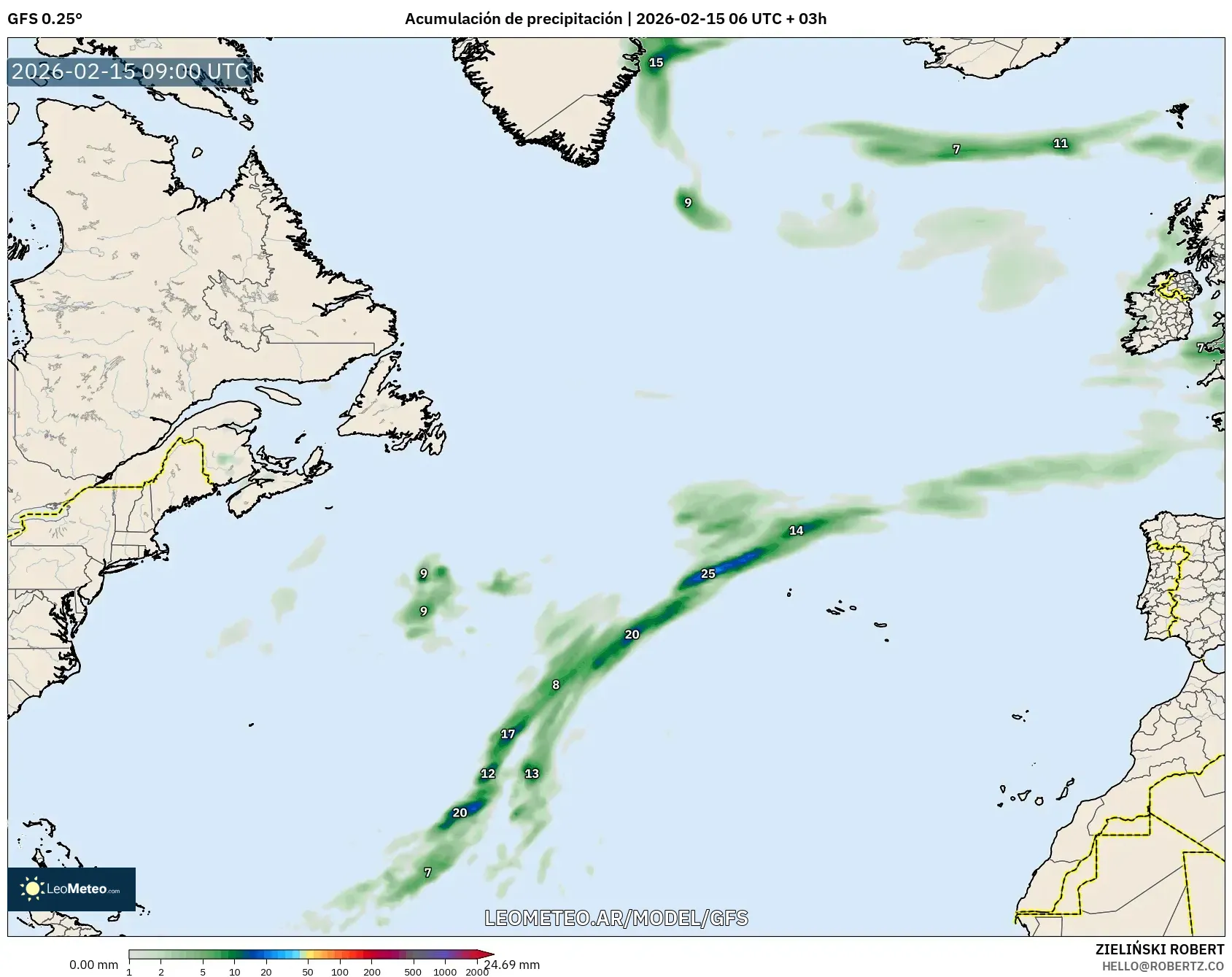 GFS model - Norte Atlántico, Acumulación de precipitación