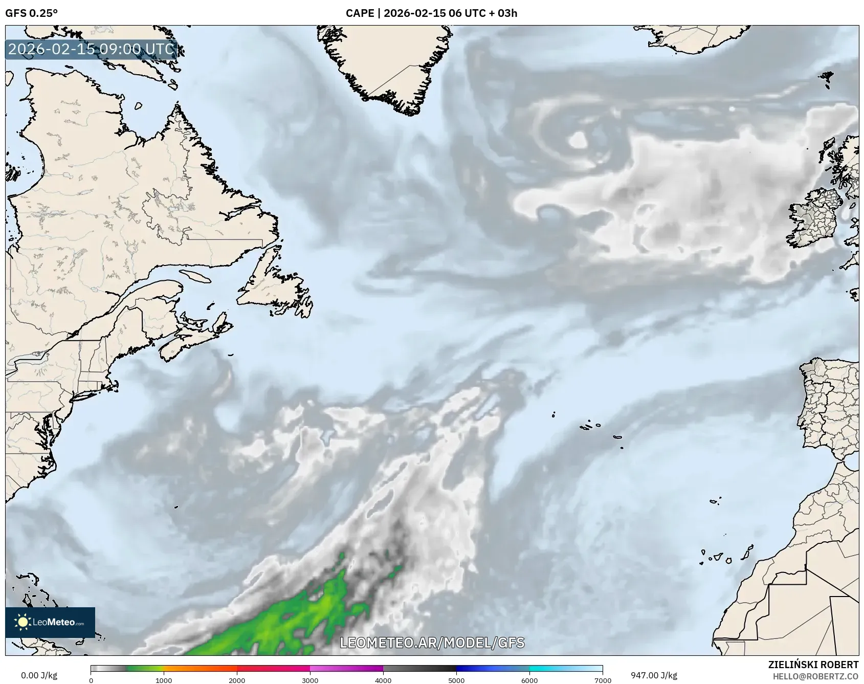 GFS model - Norte Atlántico, CAPE