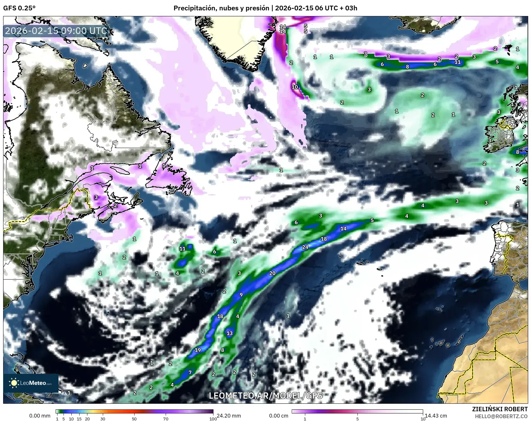 GFS model - Norte Atlántico, Precipitación, nubes y presión