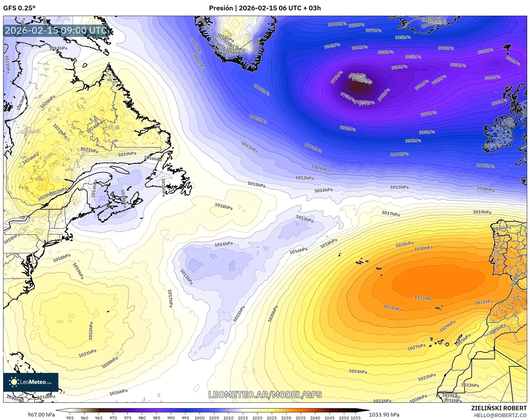 GFS model - Norte Atlántico, Presión