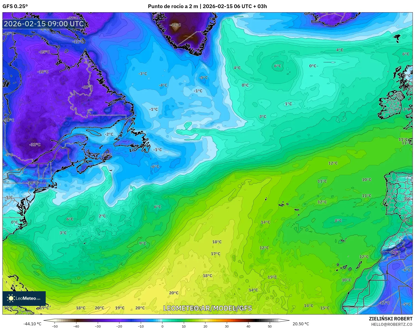 GFS model - Norte Atlántico, Punto de rocío a 2 m
