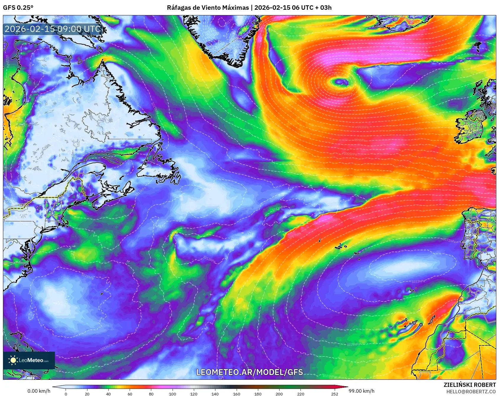 GFS model - Norte Atlántico, Ráfagas de Viento Máximas