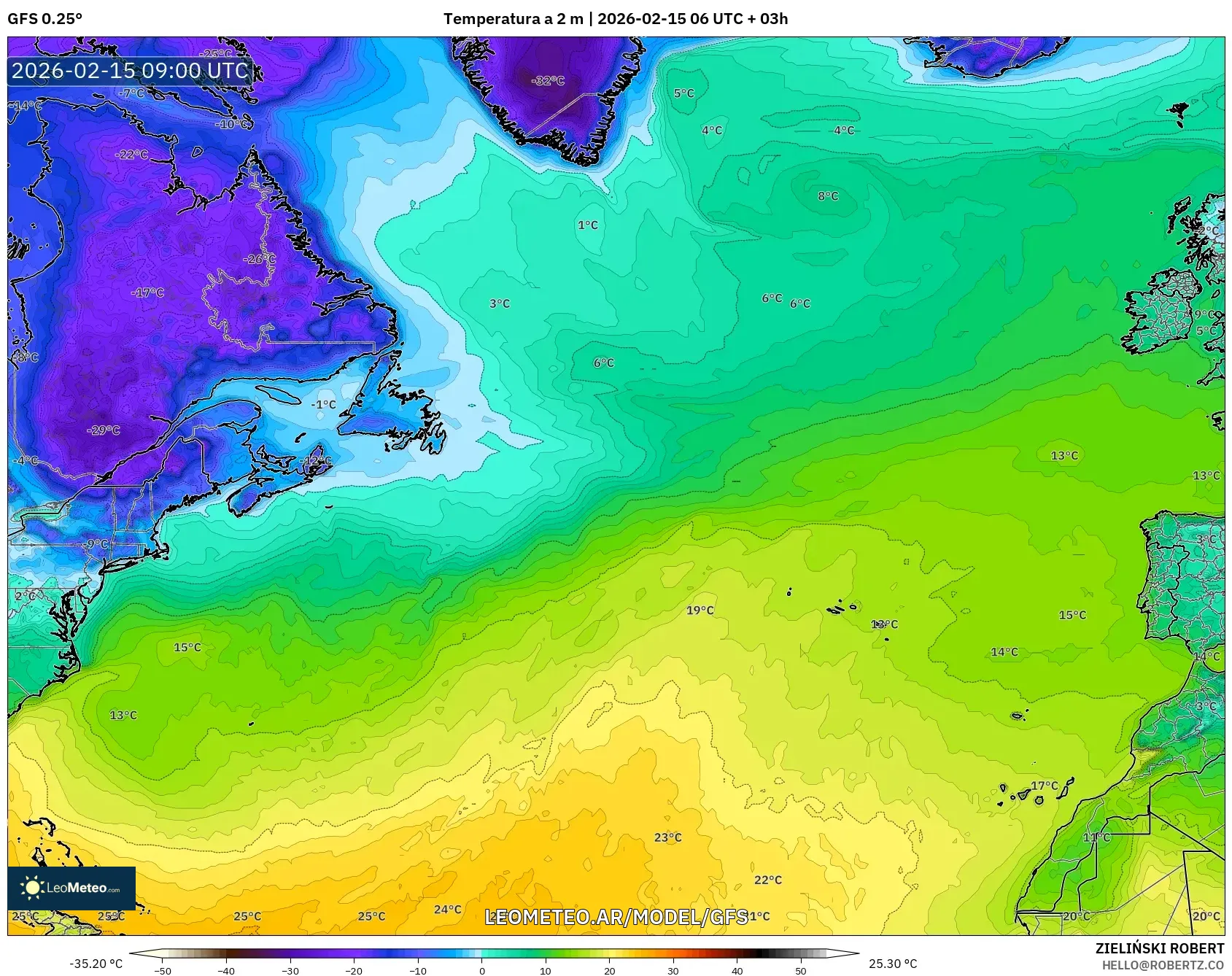 GFS model - Norte Atlántico, Temperatura a 2 m