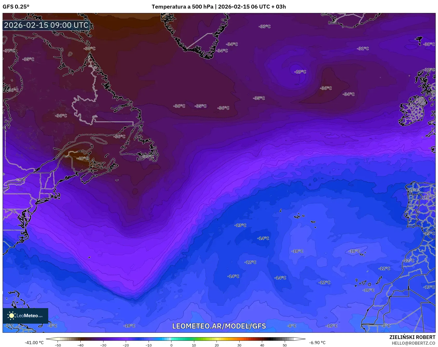 GFS model - Norte Atlántico, Temperatura a 500 hPa