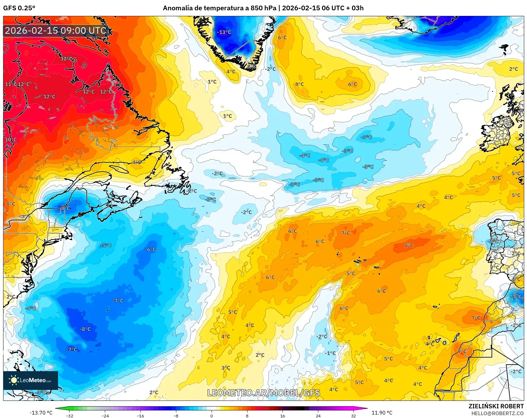 GFS model - Norte Atlántico, Anomalía de temperatura a 850 hPa