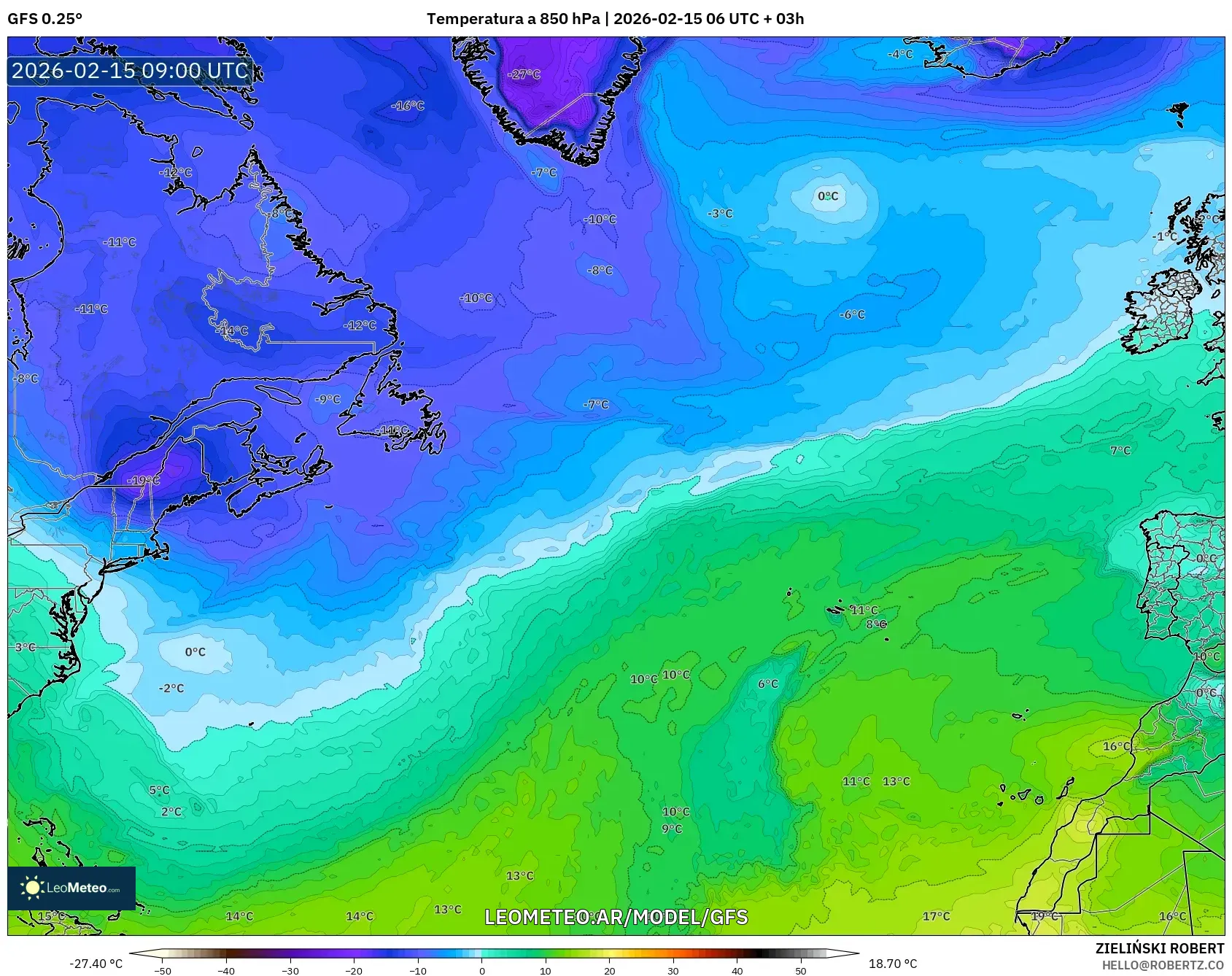 GFS model - Norte Atlántico, Temperatura a 850 hPa