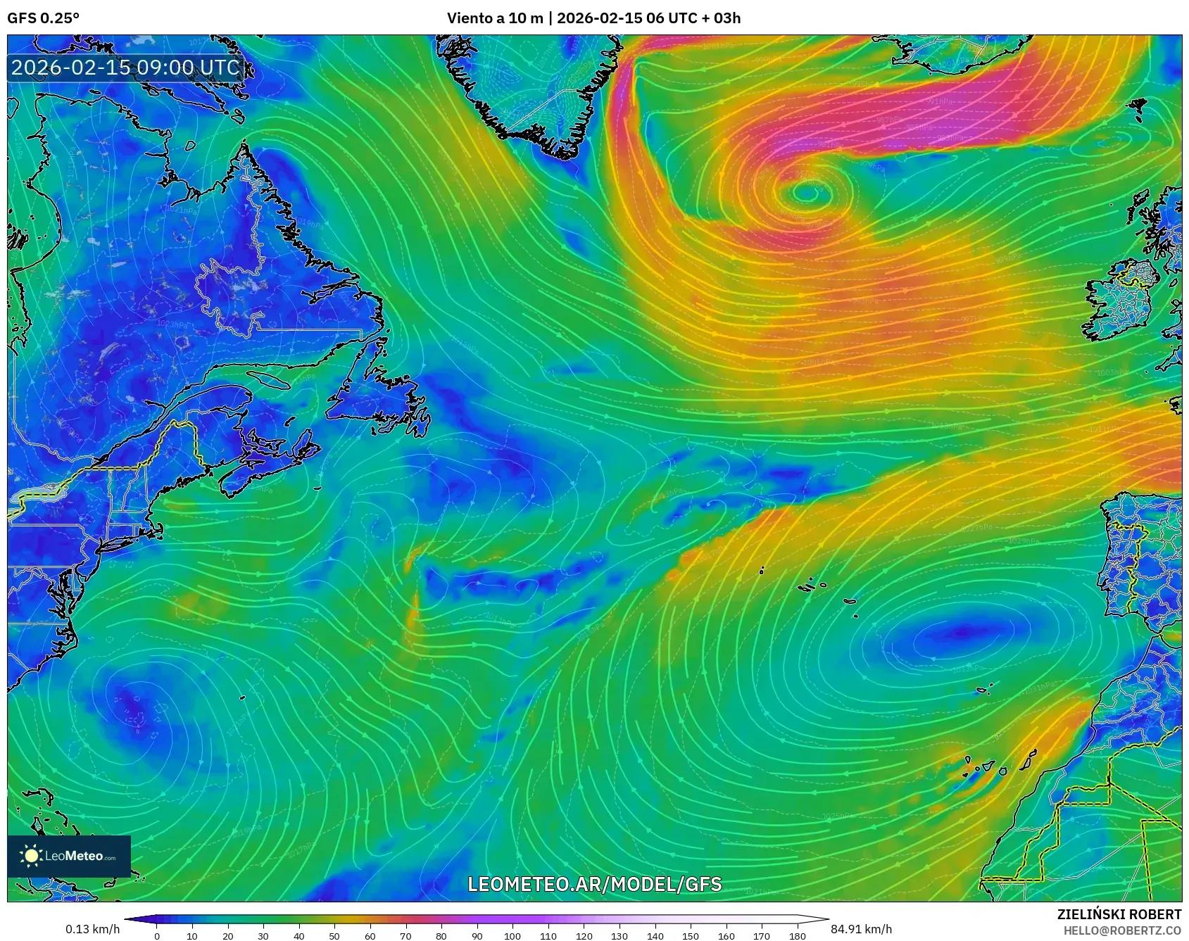 GFS model - Norte Atlántico, Viento a 10 m