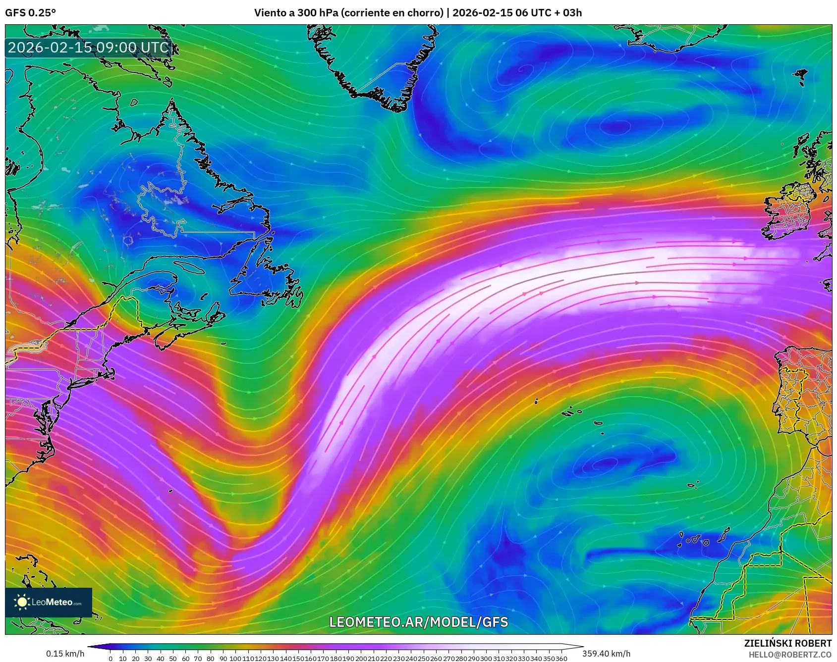 GFS model - Norte Atlántico, Viento a 300 hPa (corriente en chorro)