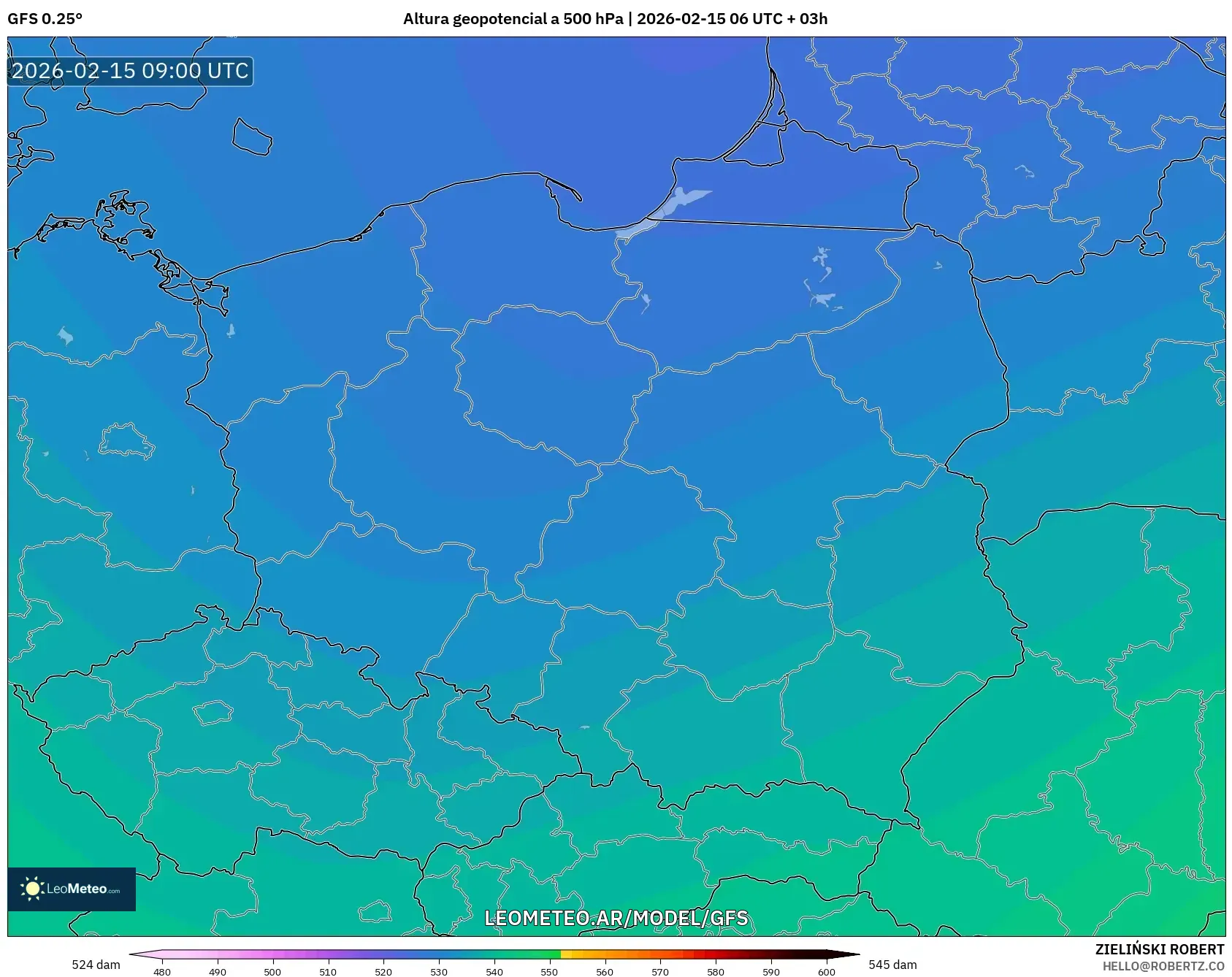 GFS model - Polonia, Altura geopotencial a 500 hPa