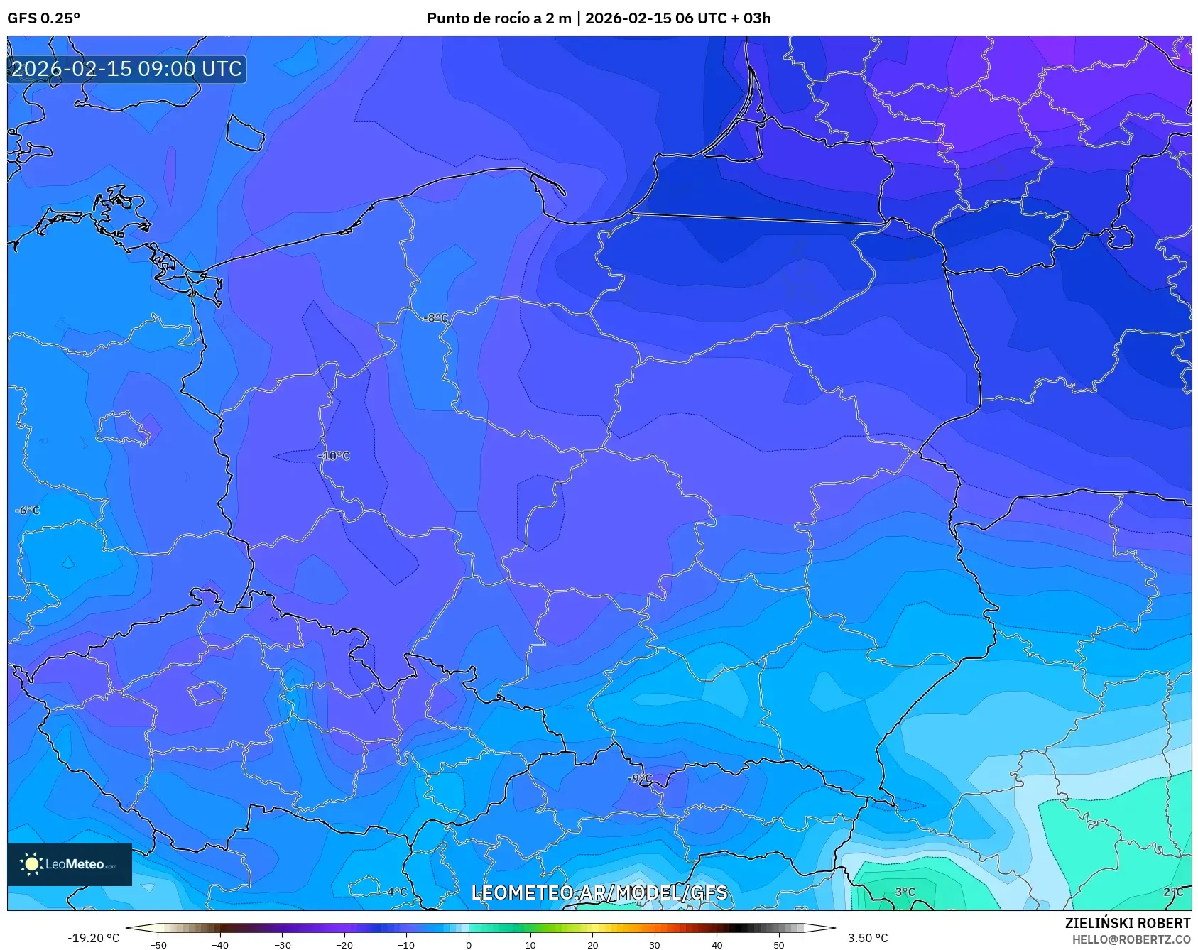 GFS model - Polonia, Punto de rocío a 2 m