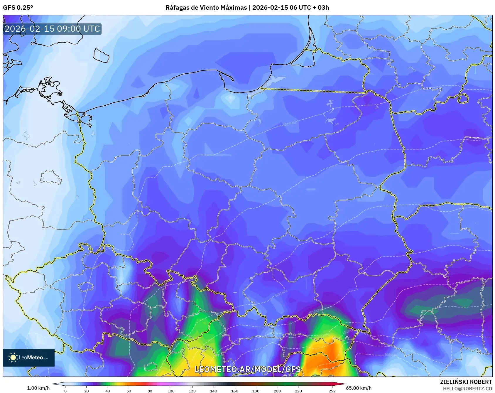 GFS model - Polonia, Ráfagas de Viento Máximas