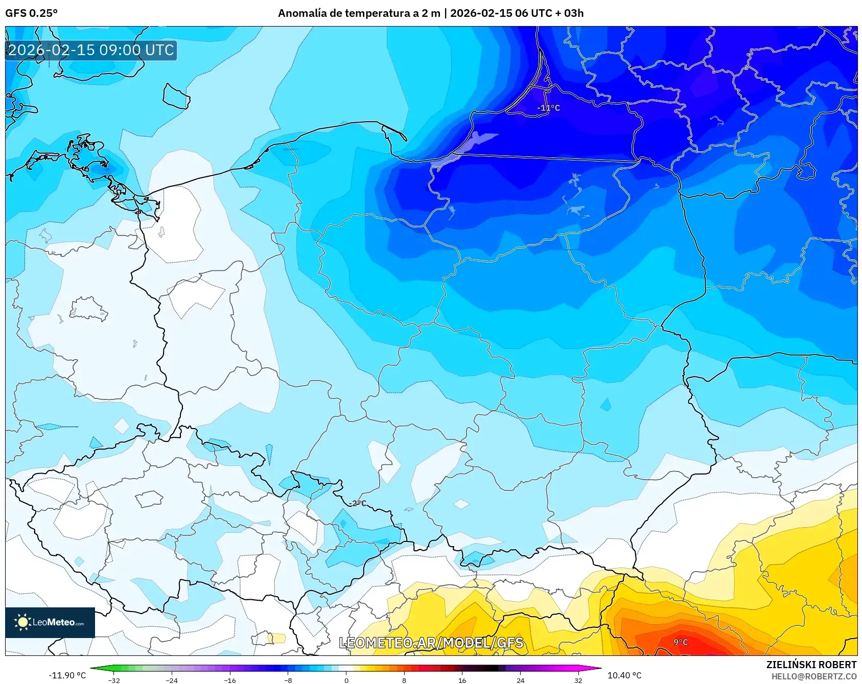 GFS model - Polonia, Anomalía de temperatura a 2 m