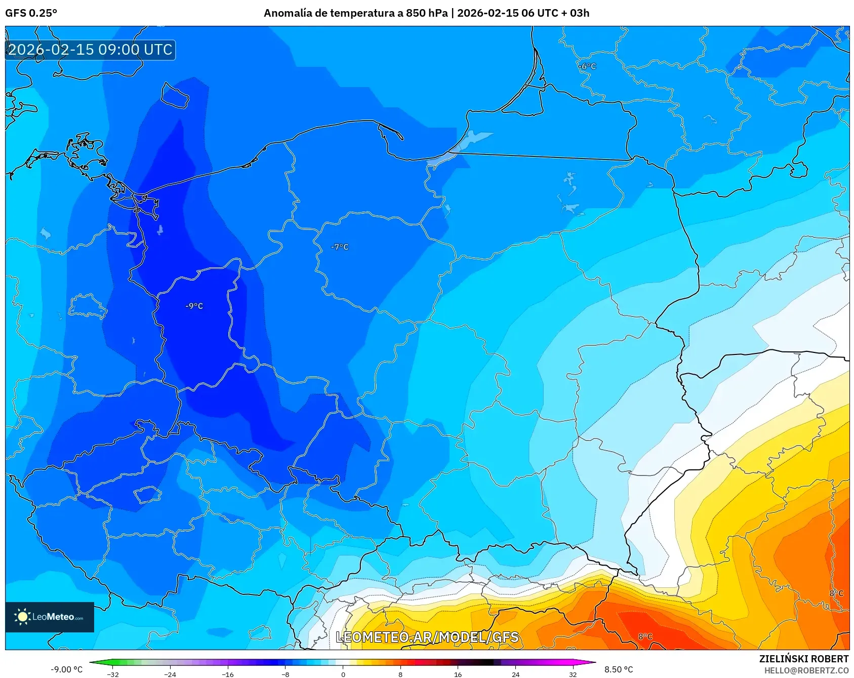 GFS model - Polonia, Anomalía de temperatura a 850 hPa