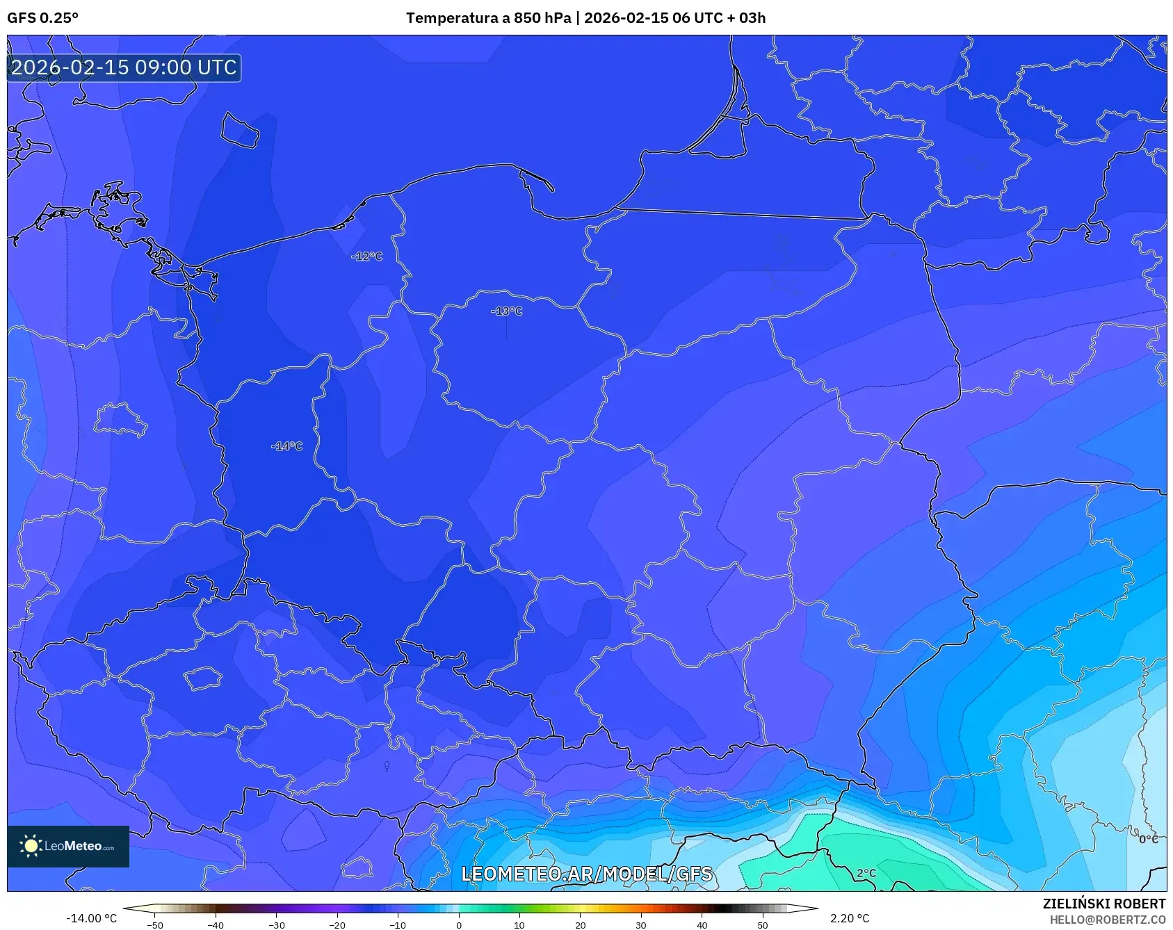 GFS model - Polonia, Temperatura a 850 hPa
