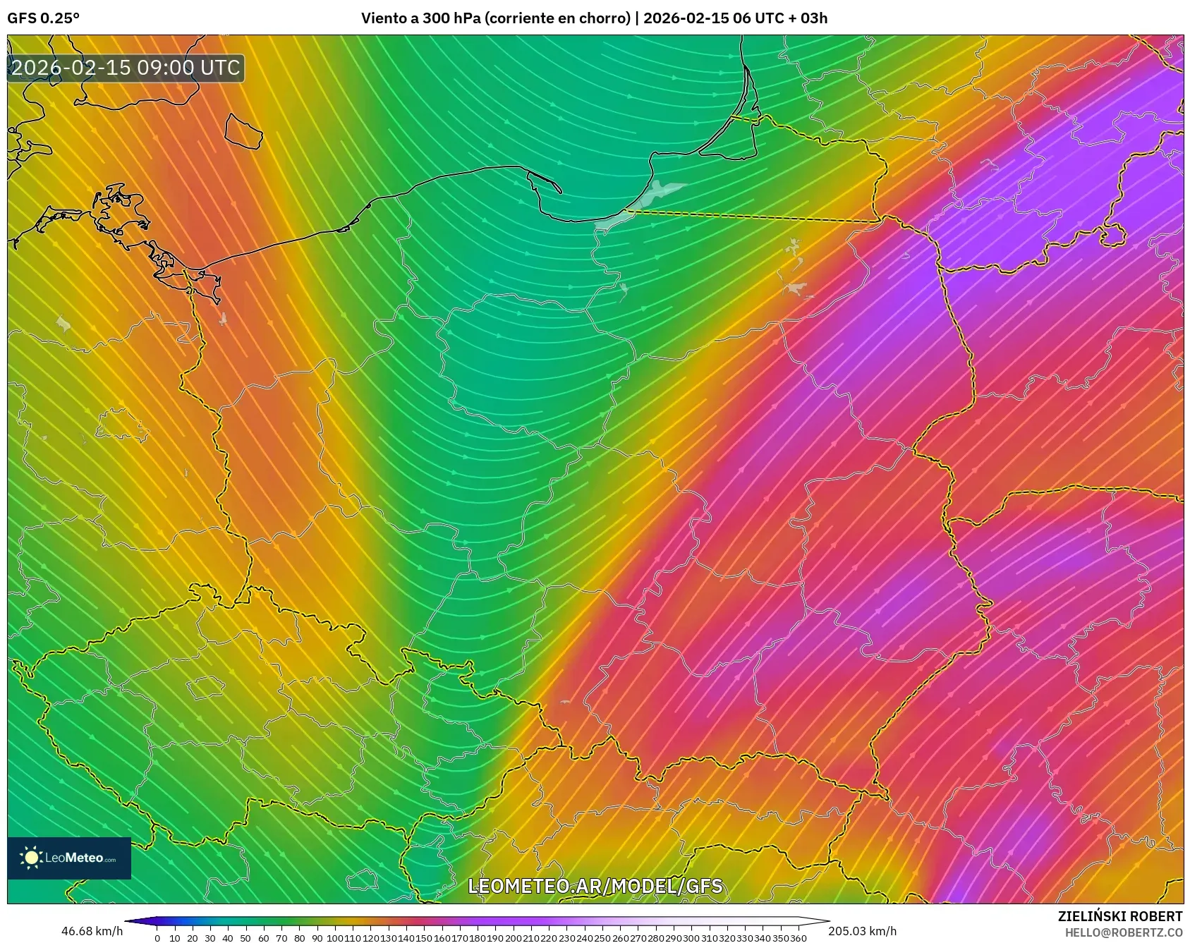 GFS model - Polonia, Viento a 300 hPa (corriente en chorro)