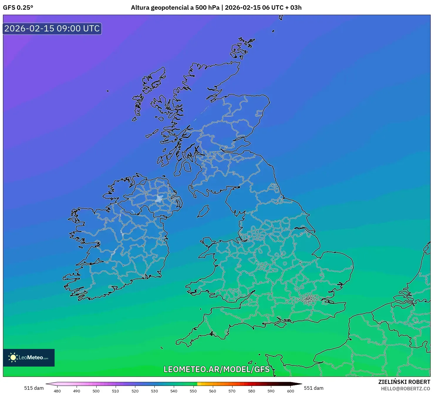 GFS model - Reino Unido, Altura geopotencial a 500 hPa