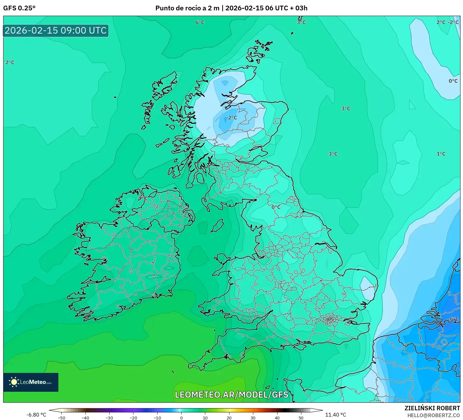 GFS model - Reino Unido, Punto de rocío a 2 m