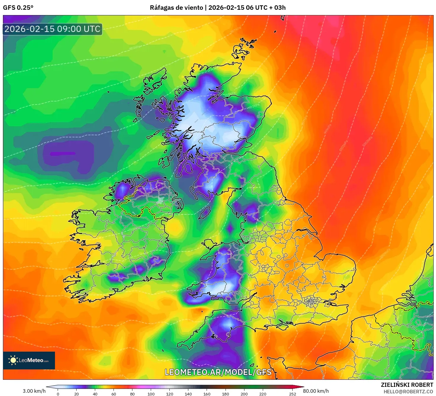 GFS model - Reino Unido, Ráfagas de viento