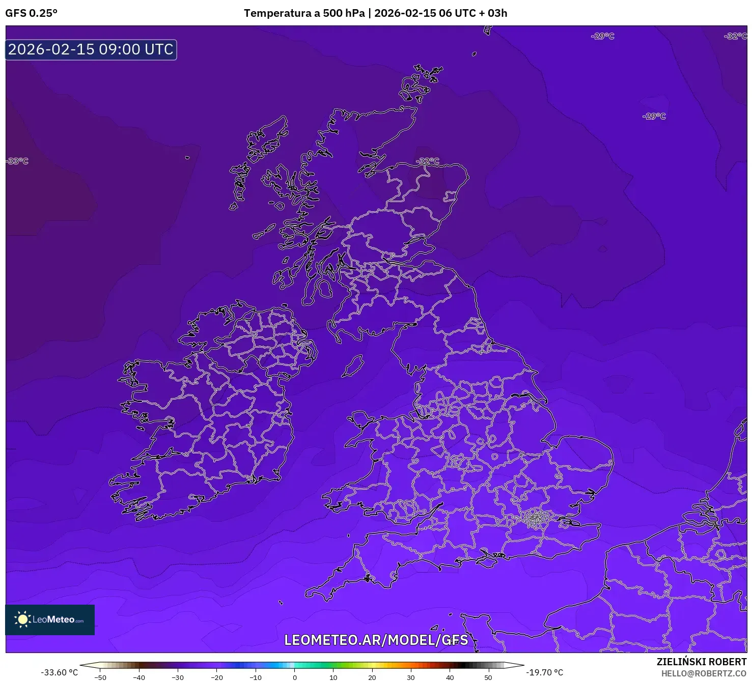 GFS model - Reino Unido, Temperatura a 500 hPa