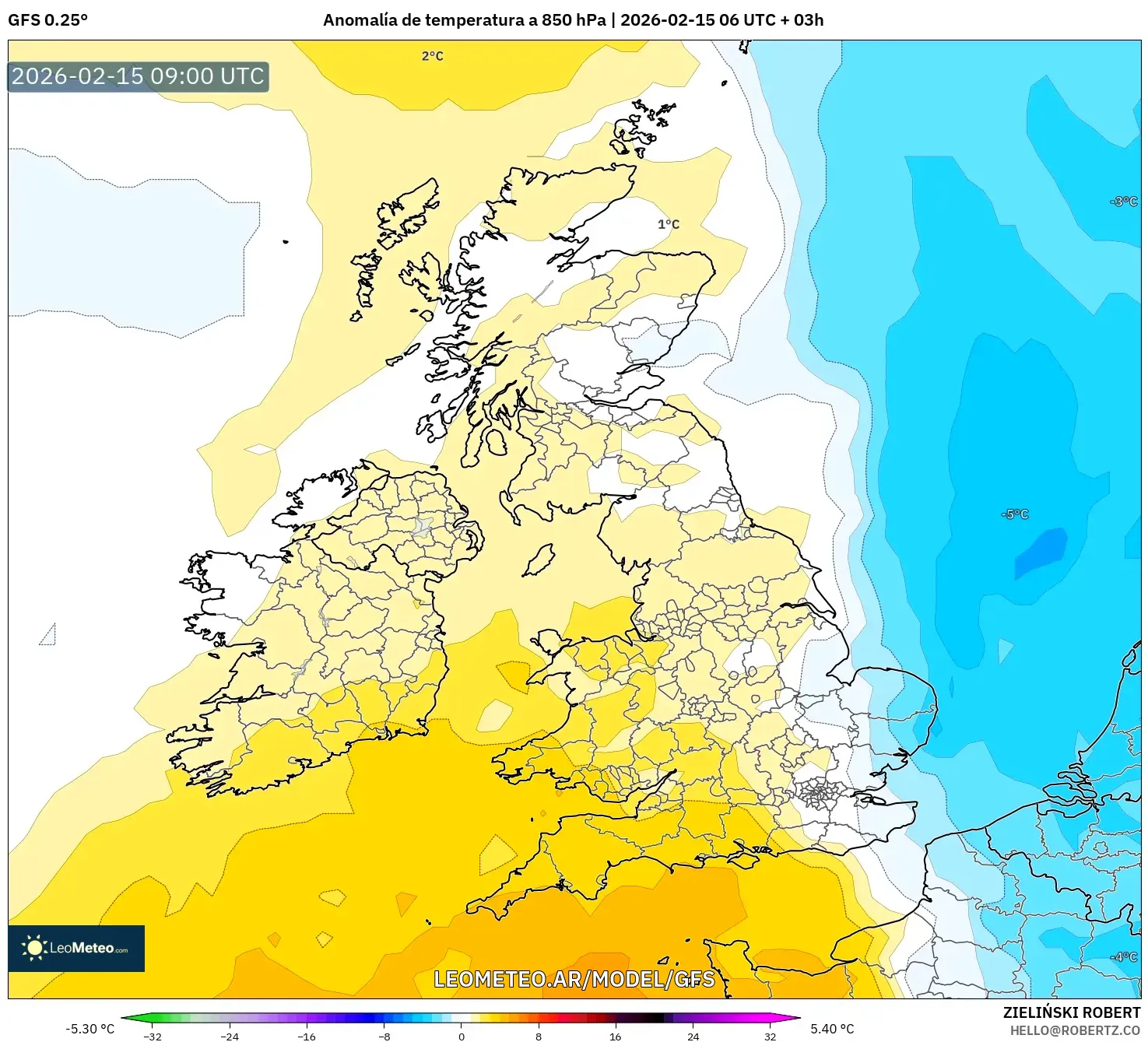 GFS model - Reino Unido, Anomalía de temperatura a 850 hPa