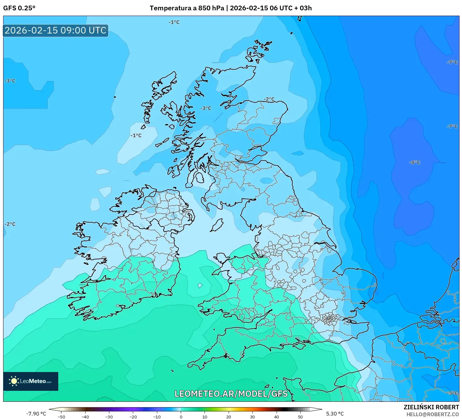 GFS model - Reino Unido, Temperatura a 850 hPa