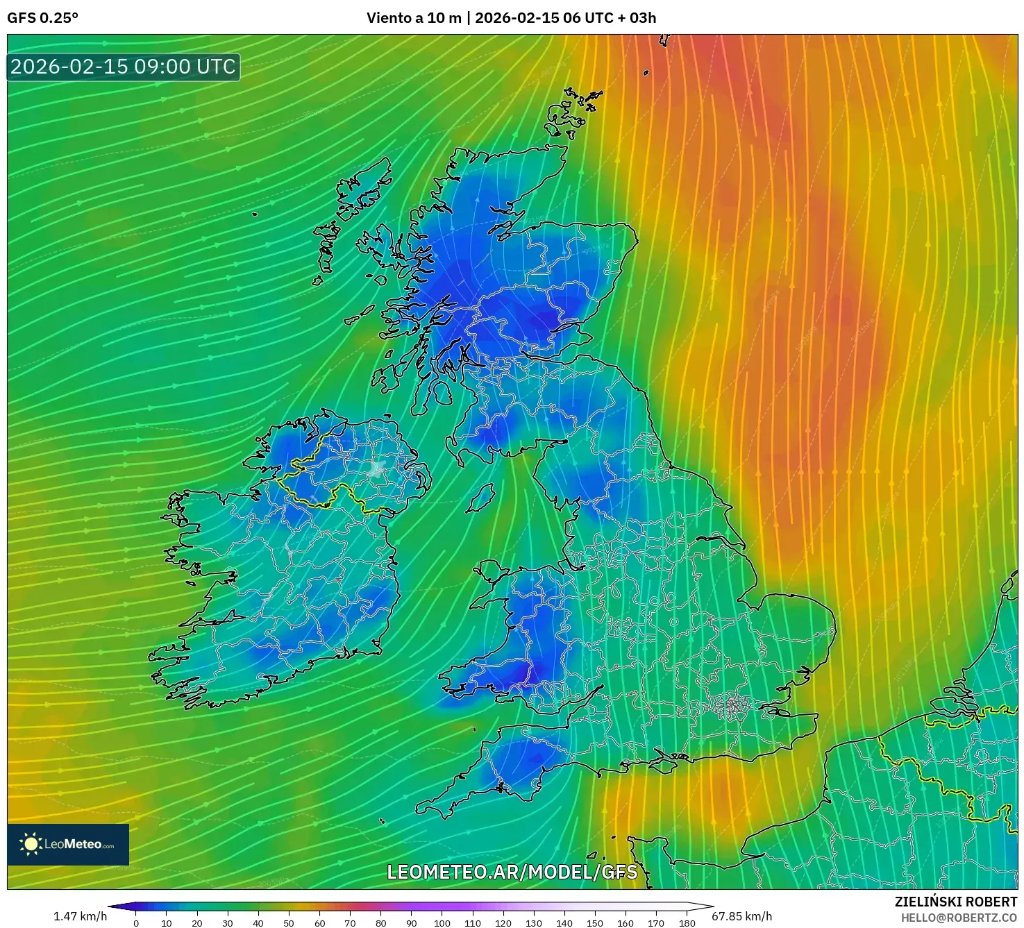 GFS model - Reino Unido, Viento a 10 m