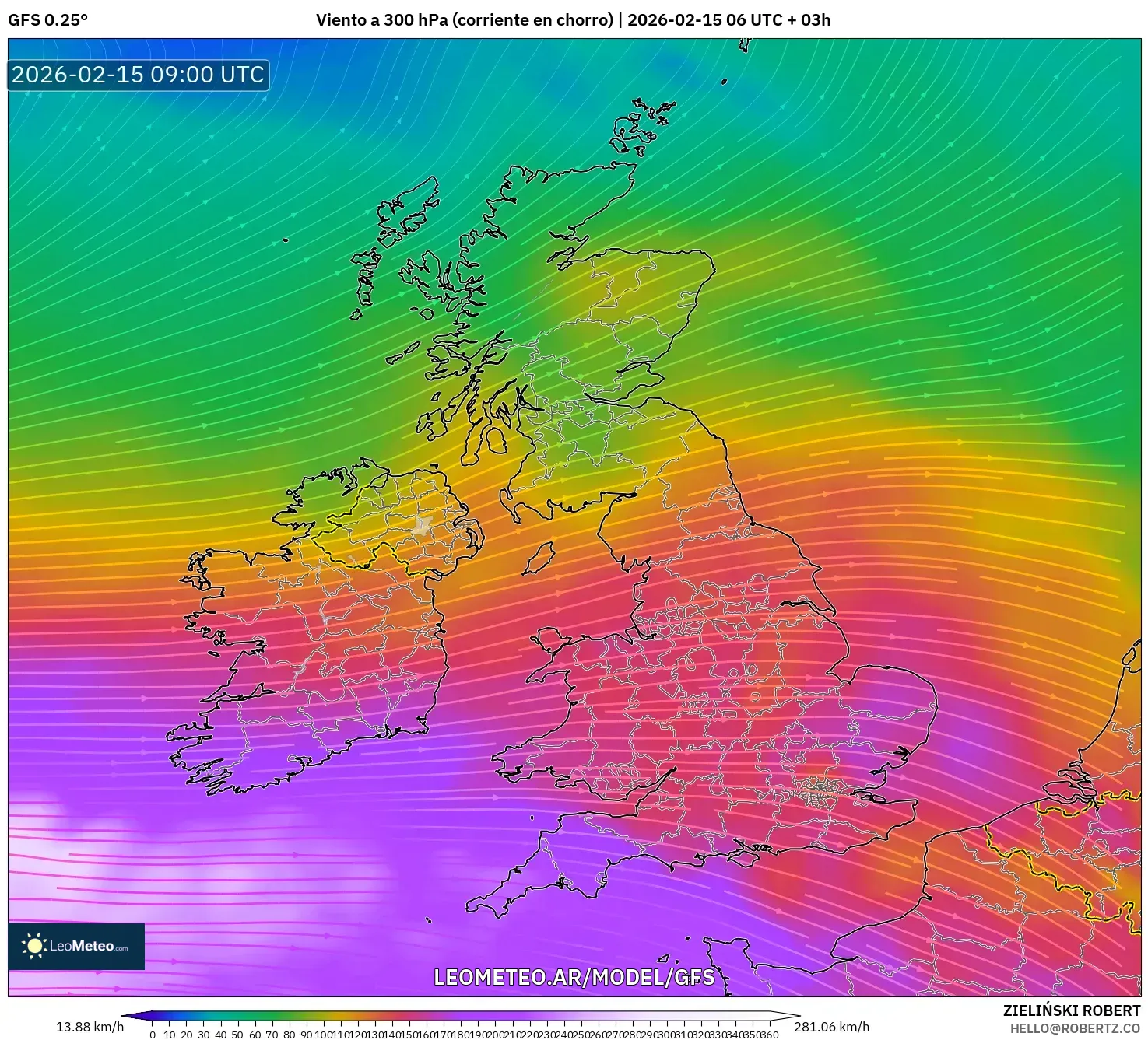 GFS model - Reino Unido, Viento a 300 hPa (corriente en chorro)