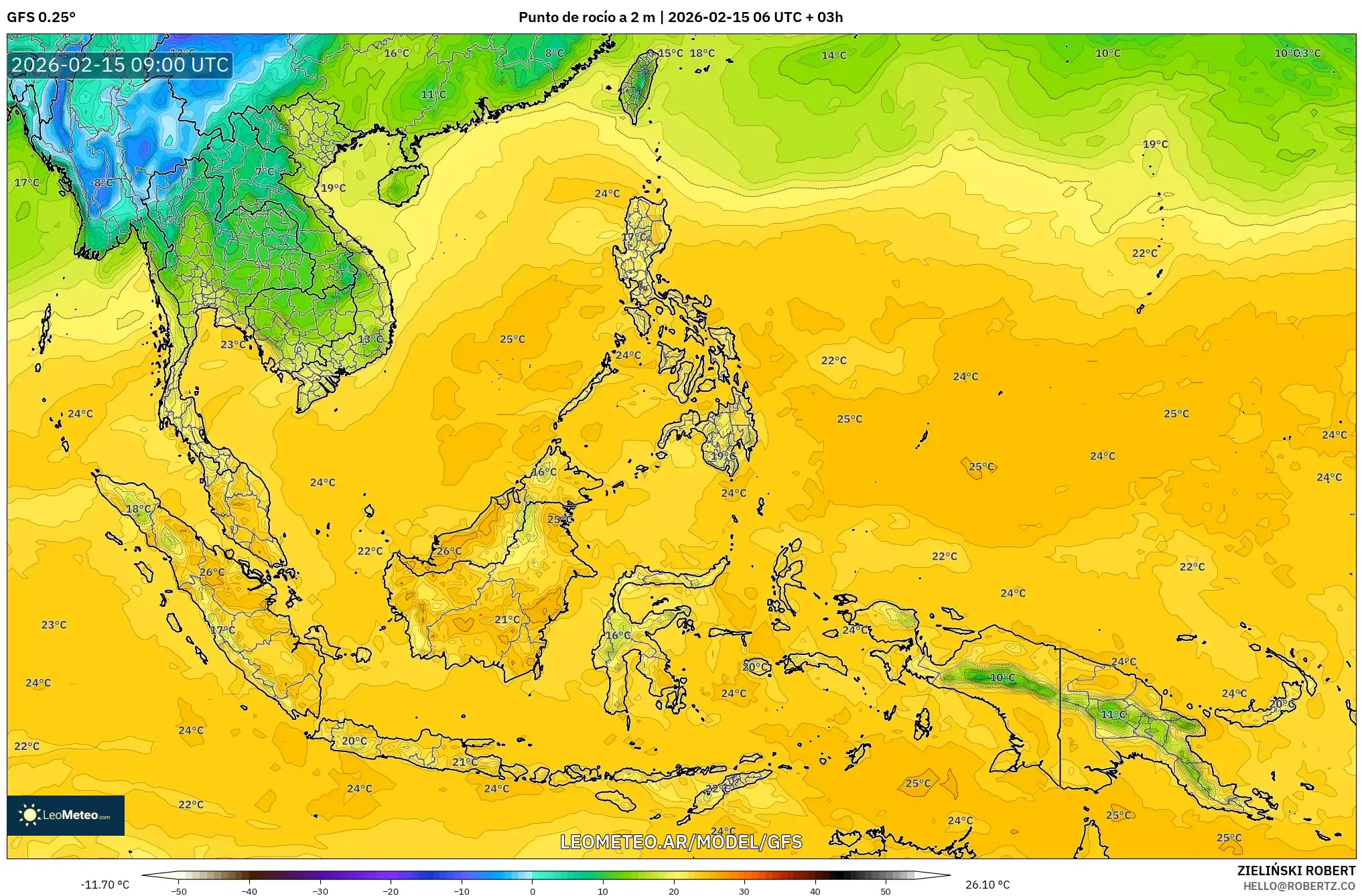 GFS model - Sudeste Asiático, Punto de rocío a 2 m