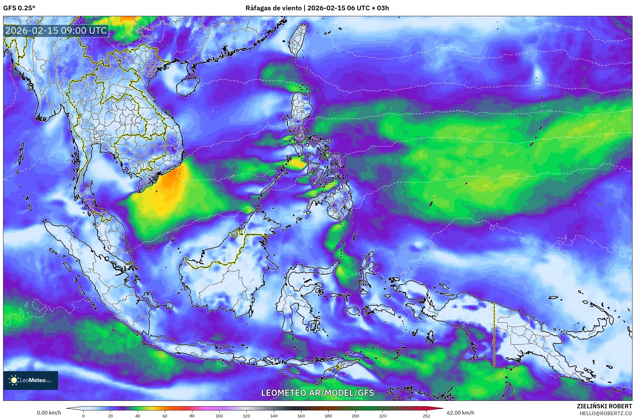 GFS model - Sudeste Asiático, Ráfagas de viento
