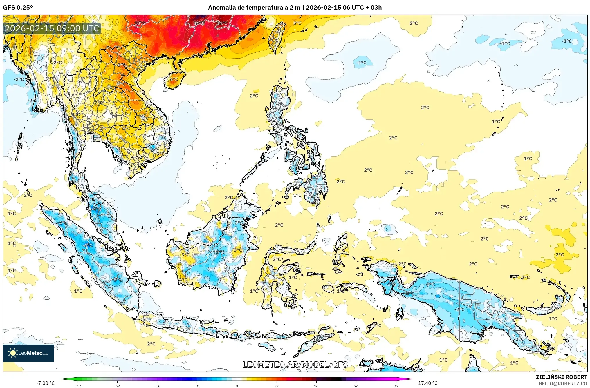 GFS model - Sudeste Asiático, Anomalía de temperatura a 2 m