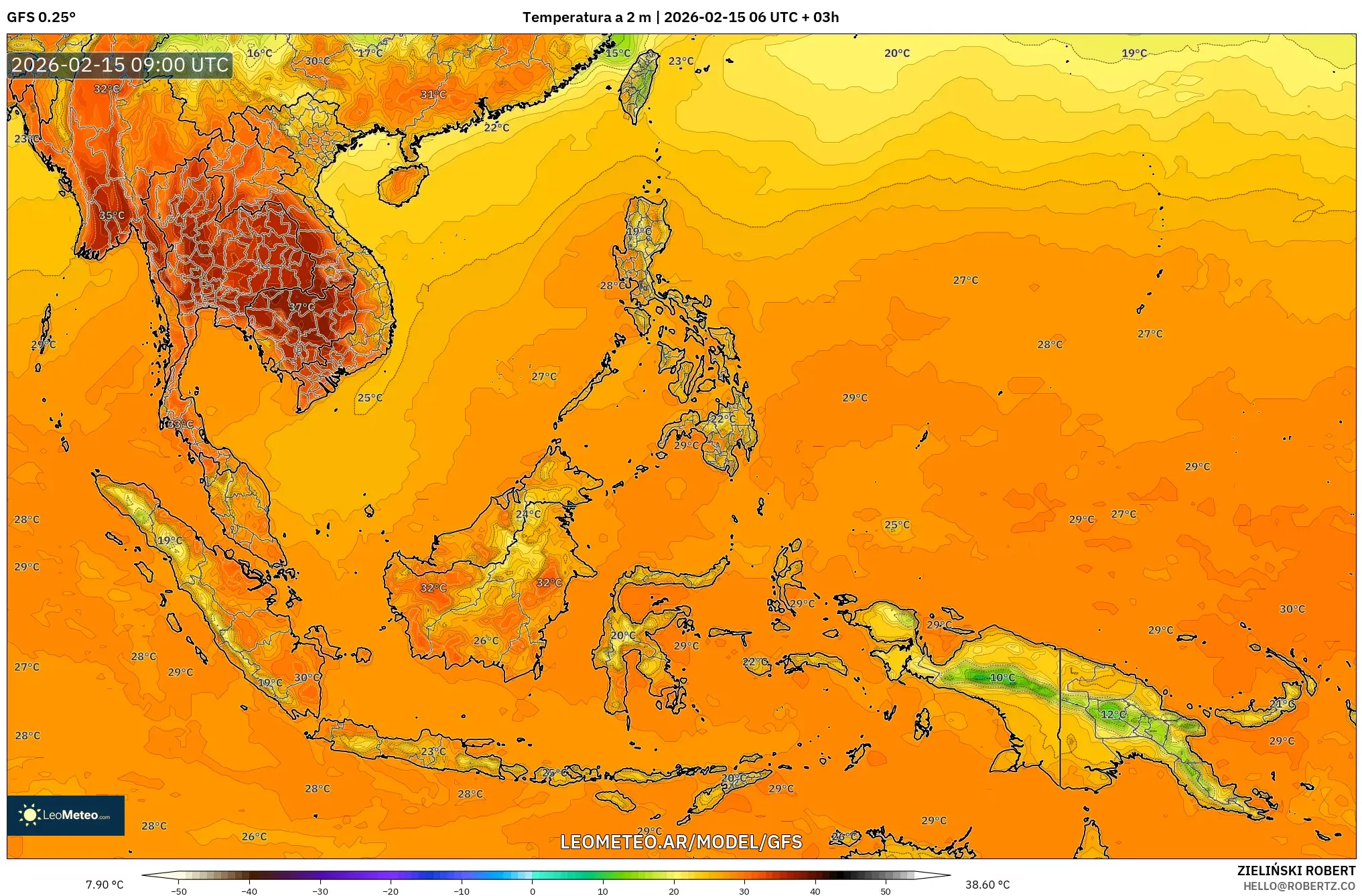 GFS model - Sudeste Asiático, Temperatura a 2 m