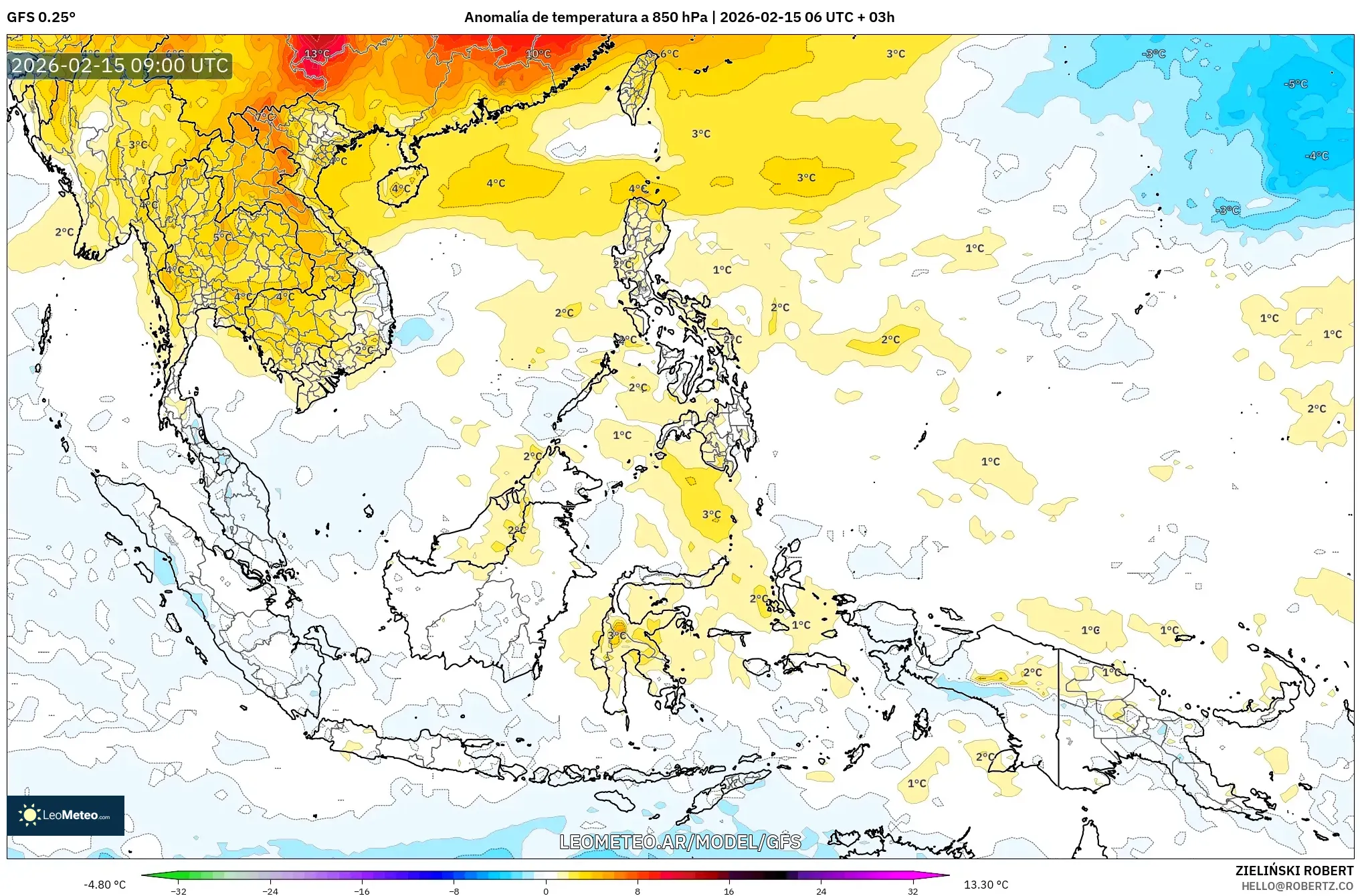 GFS model - Sudeste Asiático, Anomalía de temperatura a 850 hPa