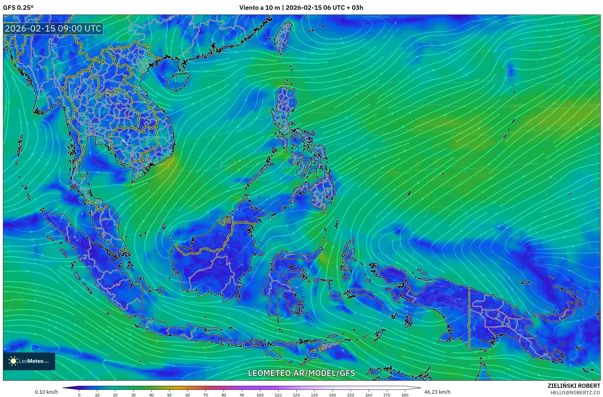 GFS model - Sudeste Asiático, Viento a 10 m