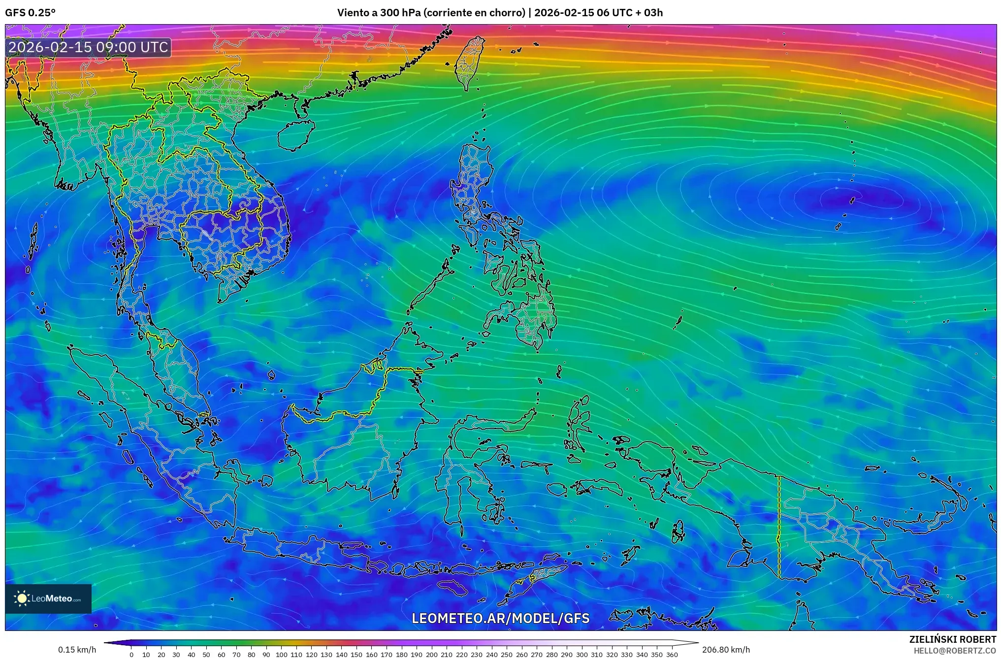 GFS model - Sudeste Asiático, Viento a 300 hPa (corriente en chorro)