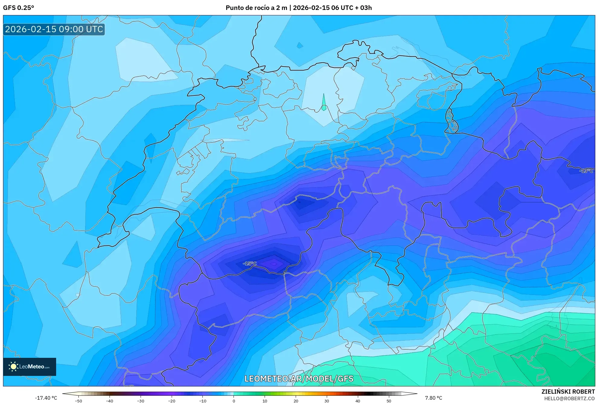 GFS model - Suiza, Punto de rocío a 2 m