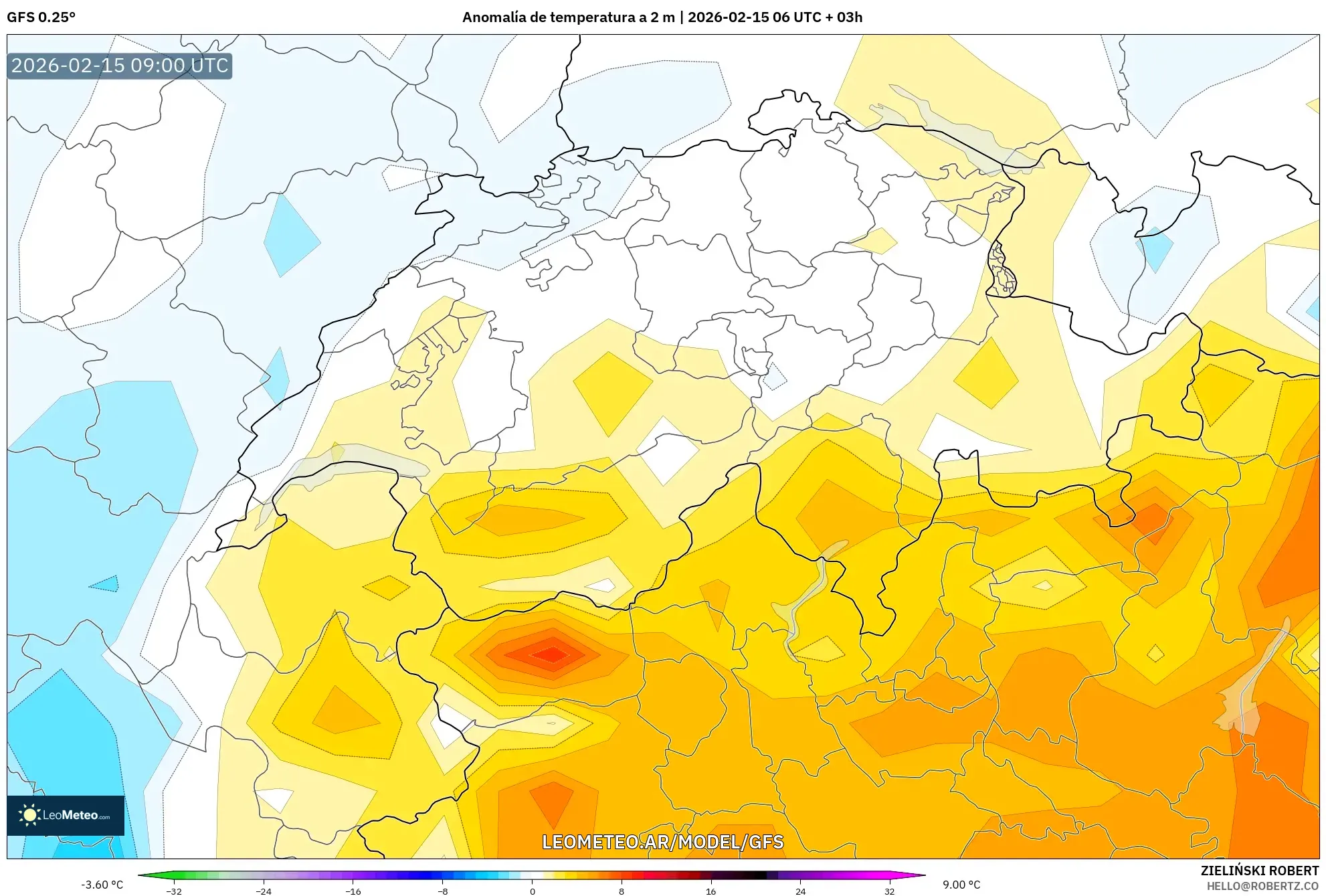 GFS model - Suiza, Anomalía de temperatura a 2 m