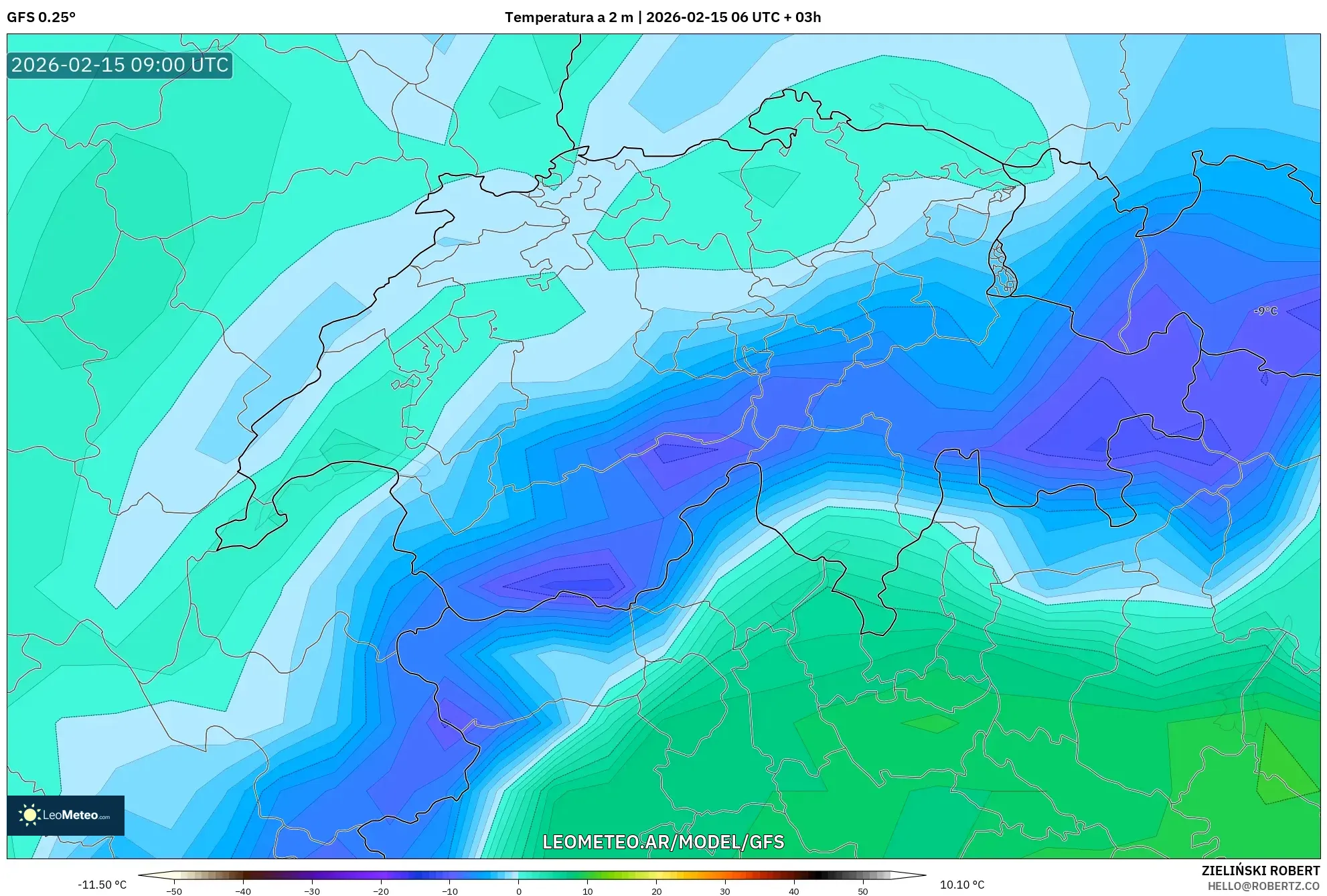 GFS model - Suiza, Temperatura a 2 m