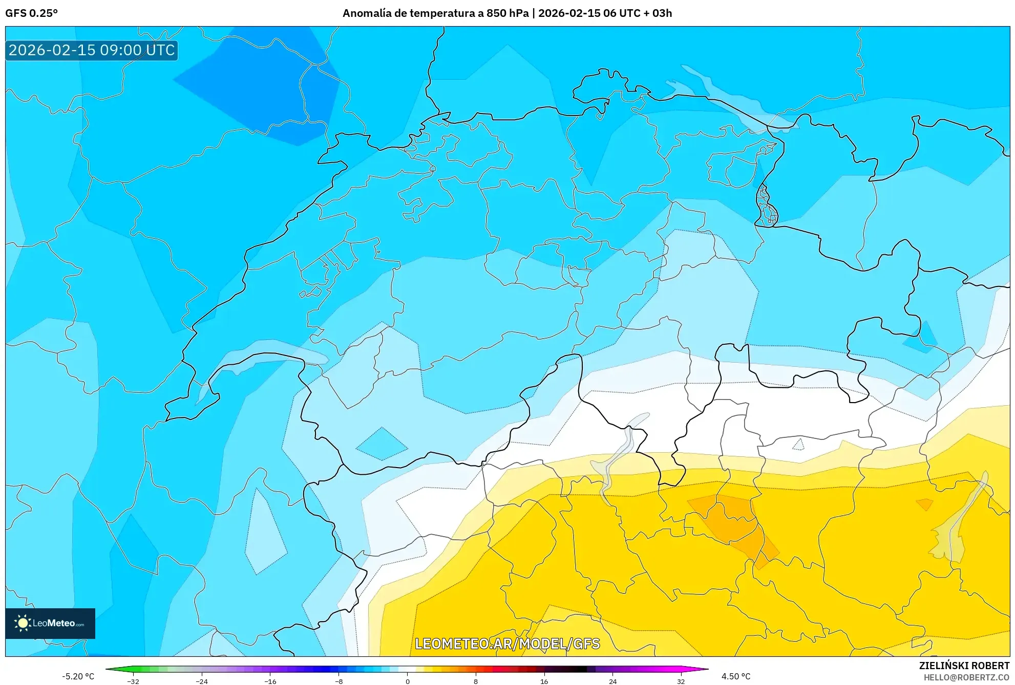 GFS model - Suiza, Anomalía de temperatura a 850 hPa