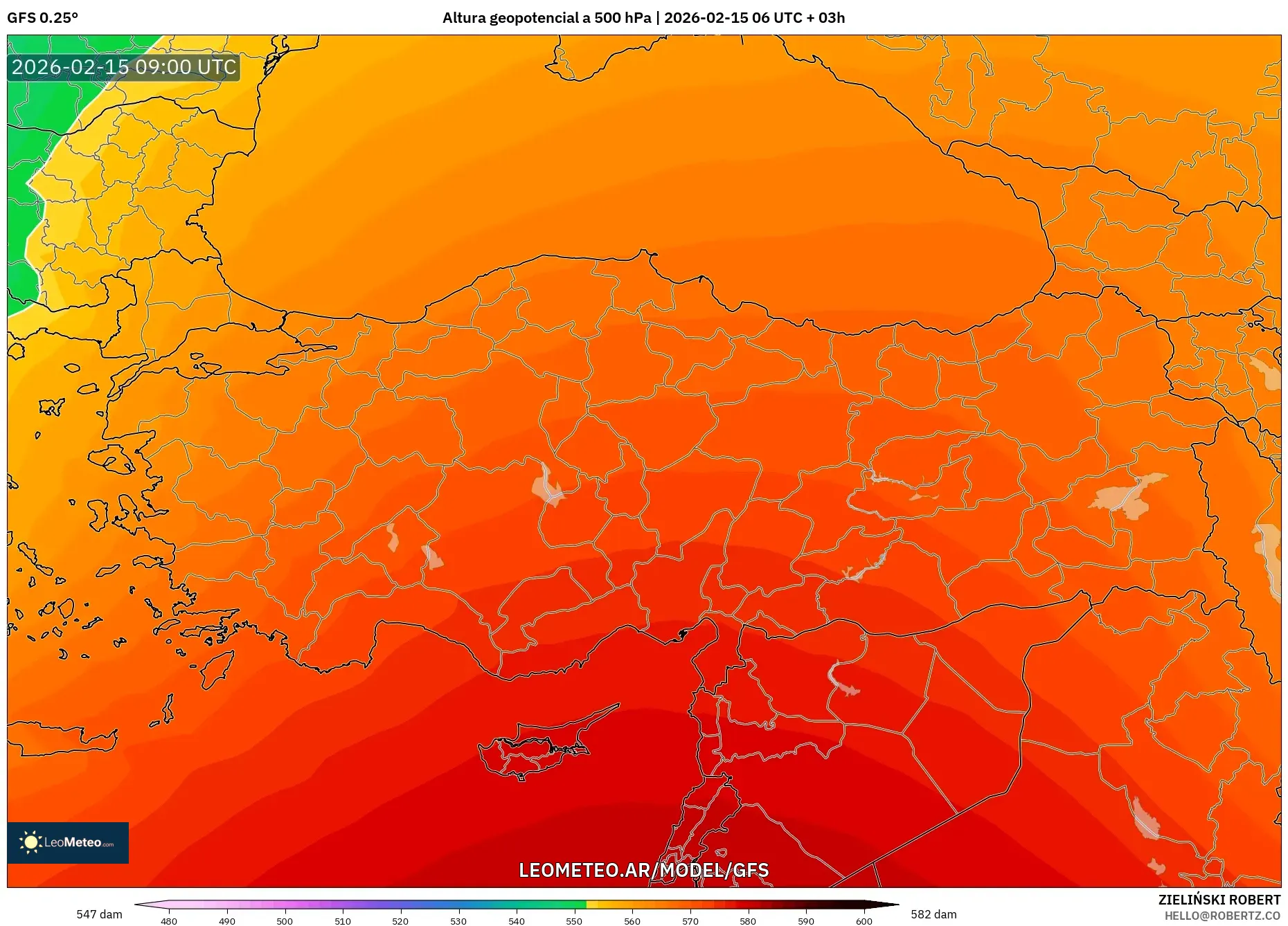GFS model - Turquía, Altura geopotencial a 500 hPa