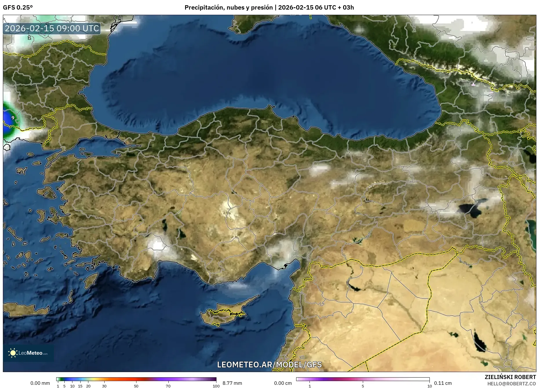 GFS model - Turquía, Precipitación, nubes y presión