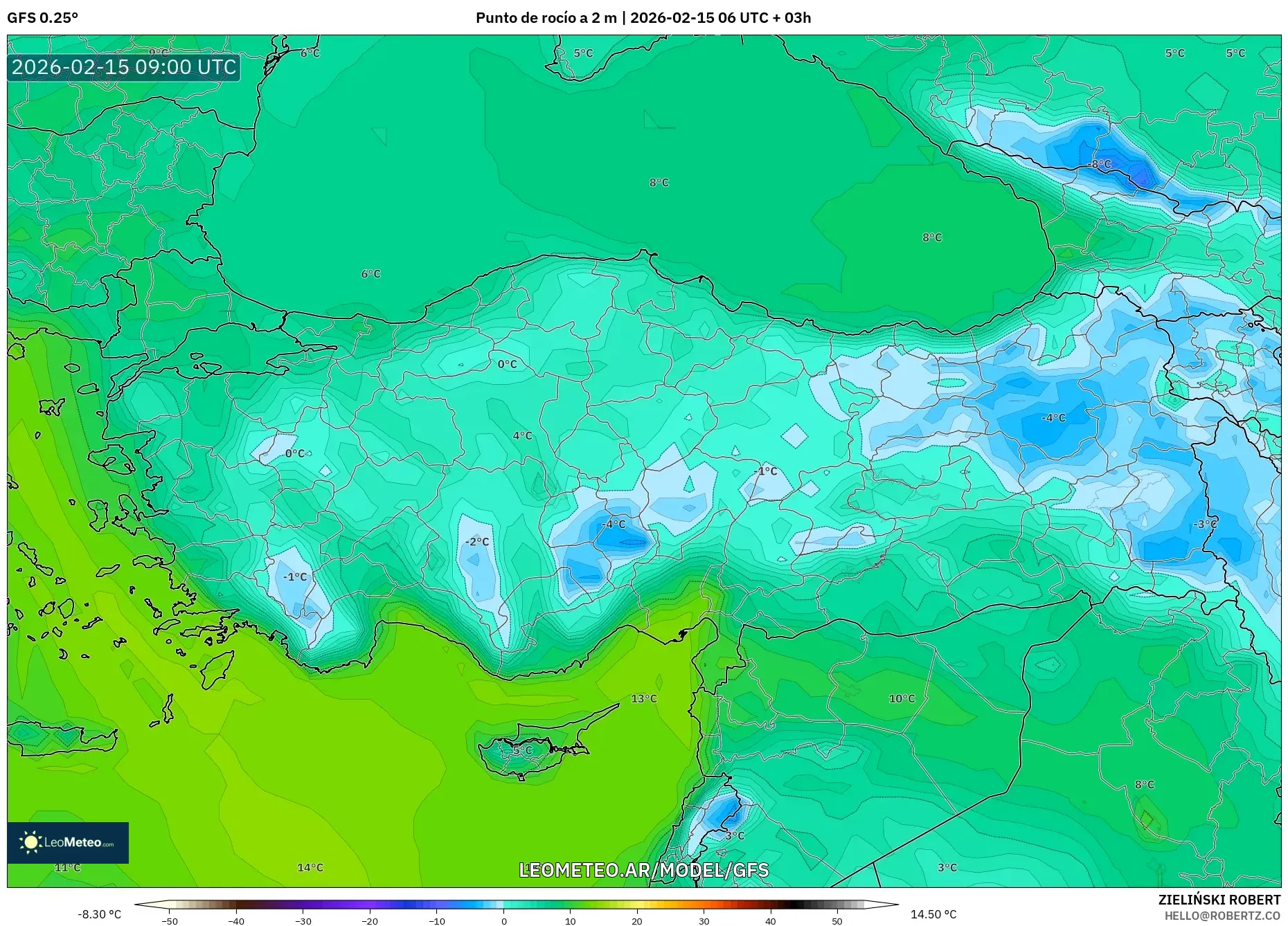 GFS model - Turquía, Punto de rocío a 2 m