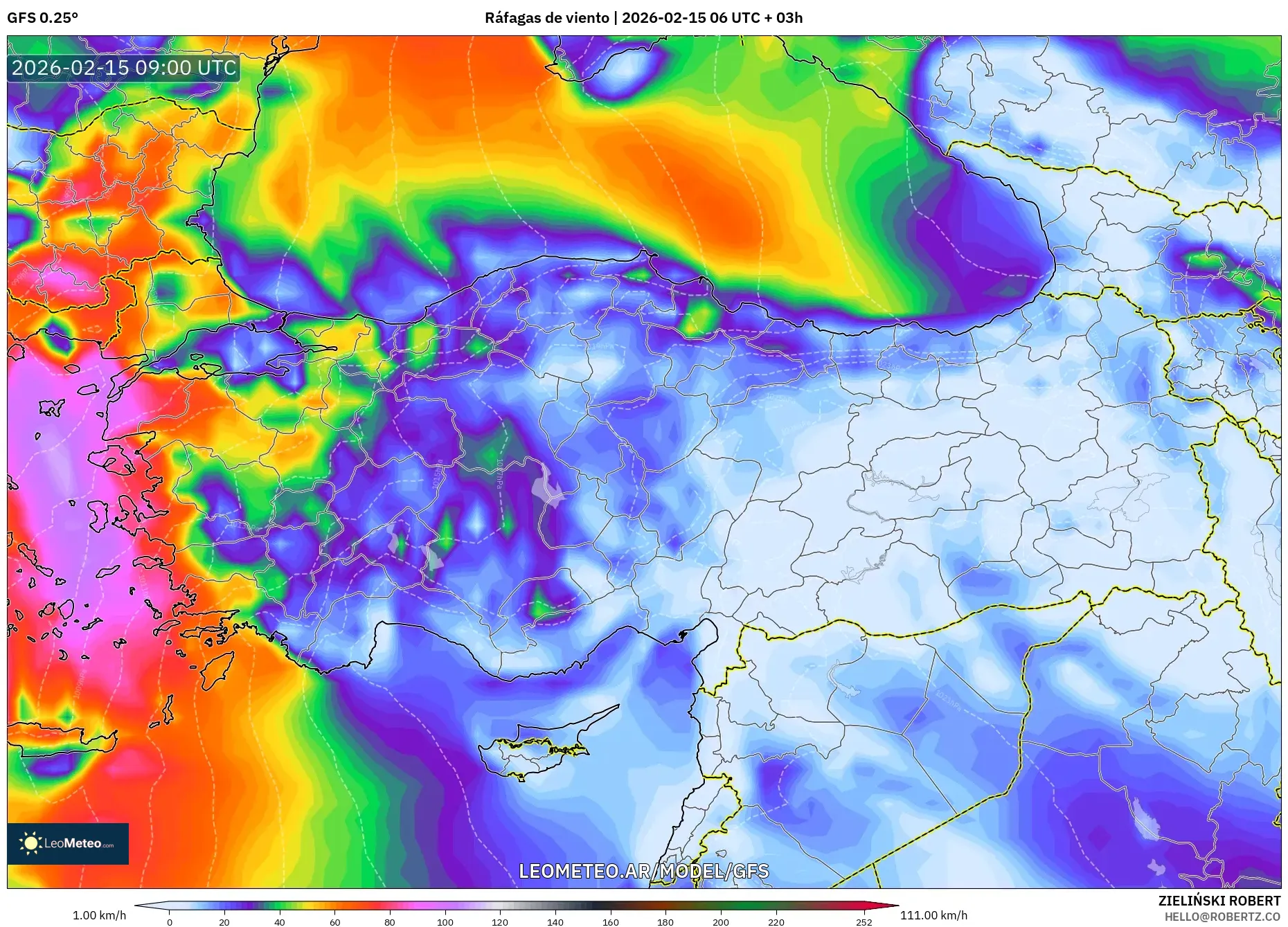 GFS model - Turquía, Ráfagas de viento