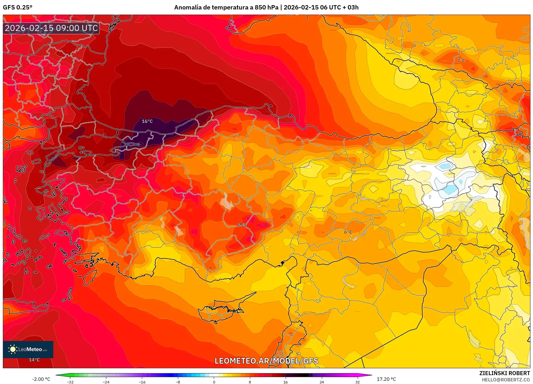 GFS model - Turquía, Anomalía de temperatura a 850 hPa