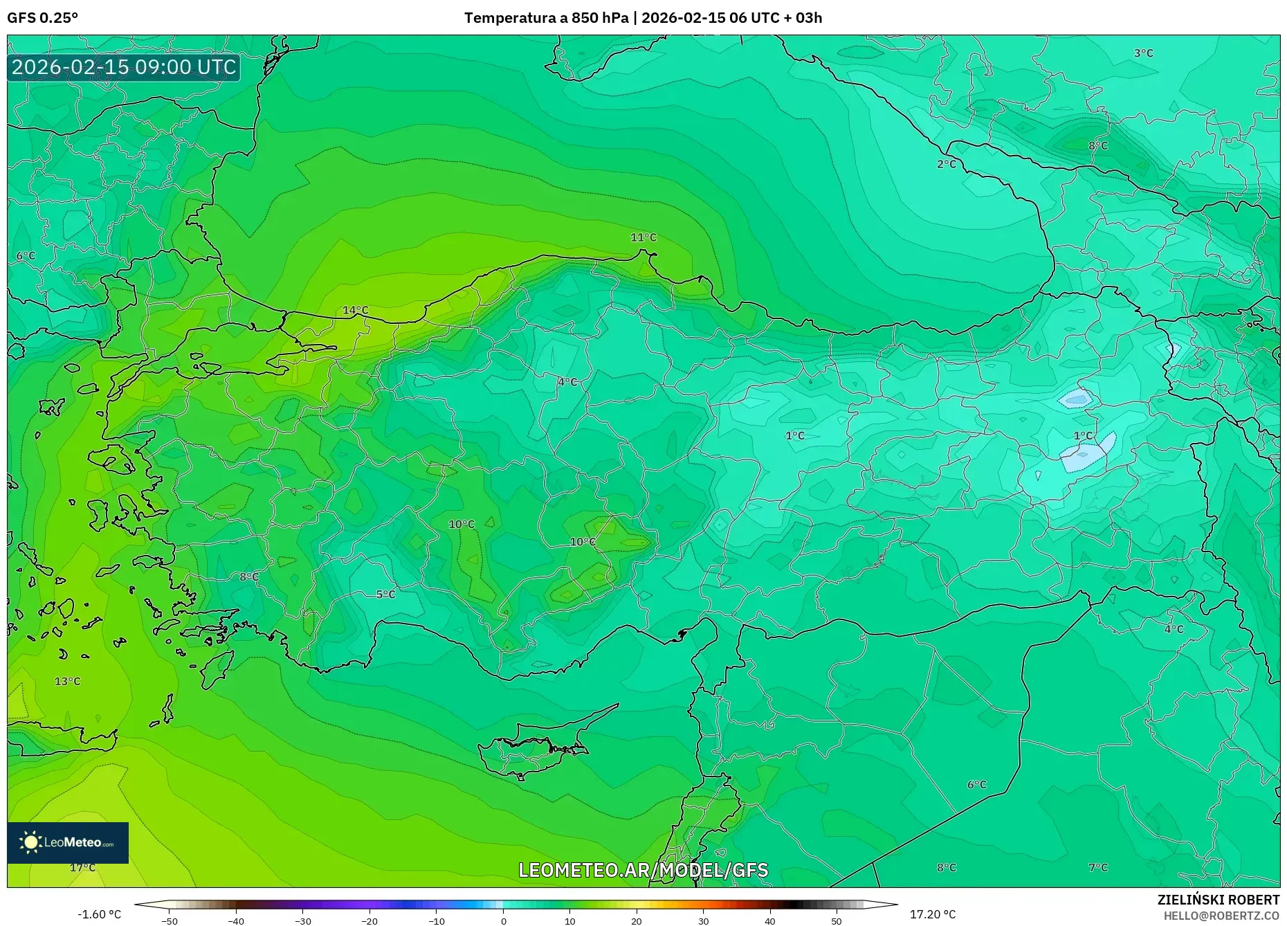 GFS model - Turquía, Temperatura a 850 hPa