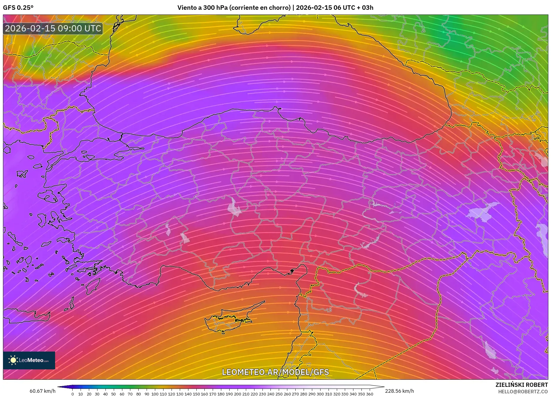 GFS model - Turquía, Viento a 300 hPa (corriente en chorro)