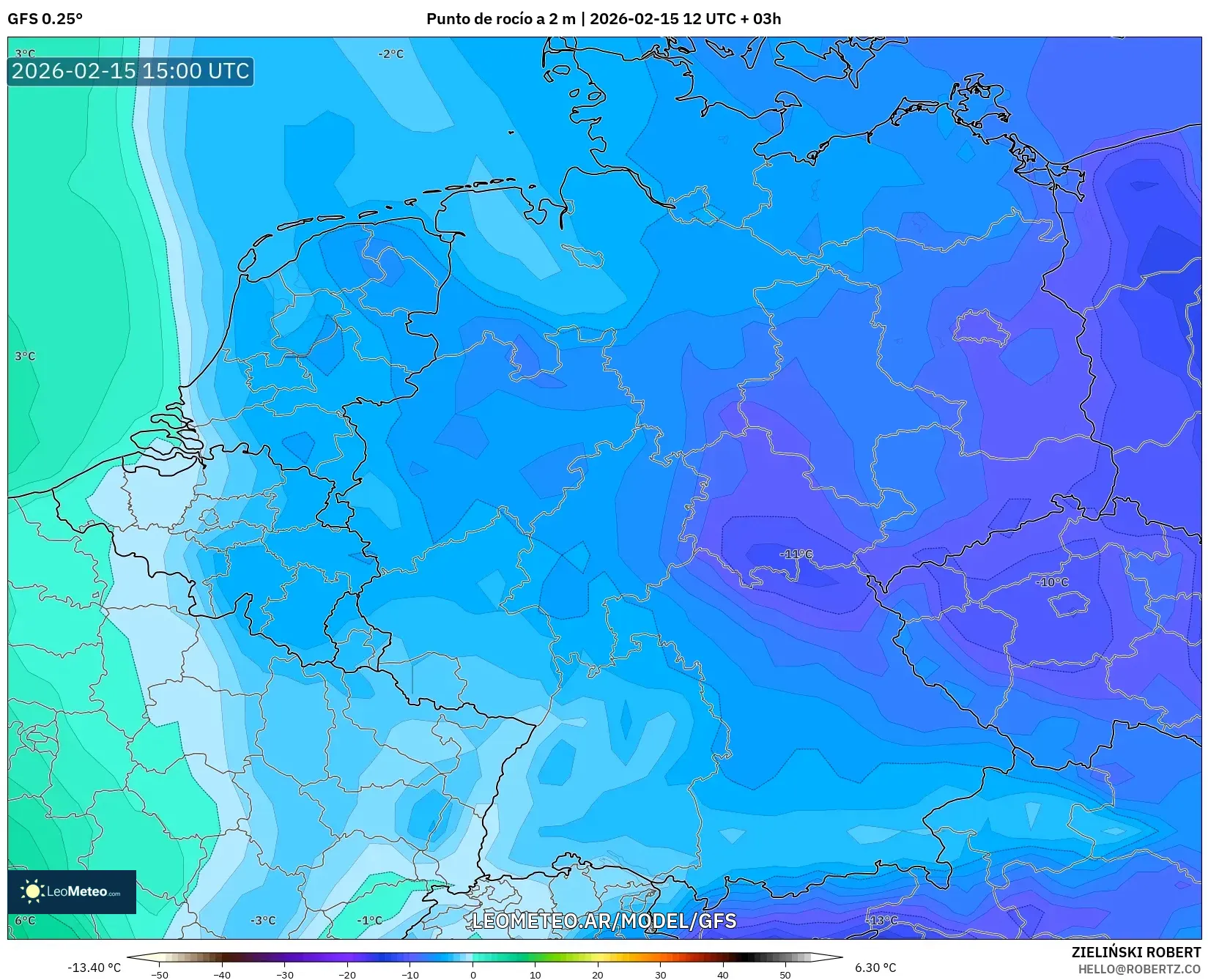 GFS model - Alemania, Punto de rocío a 2 m