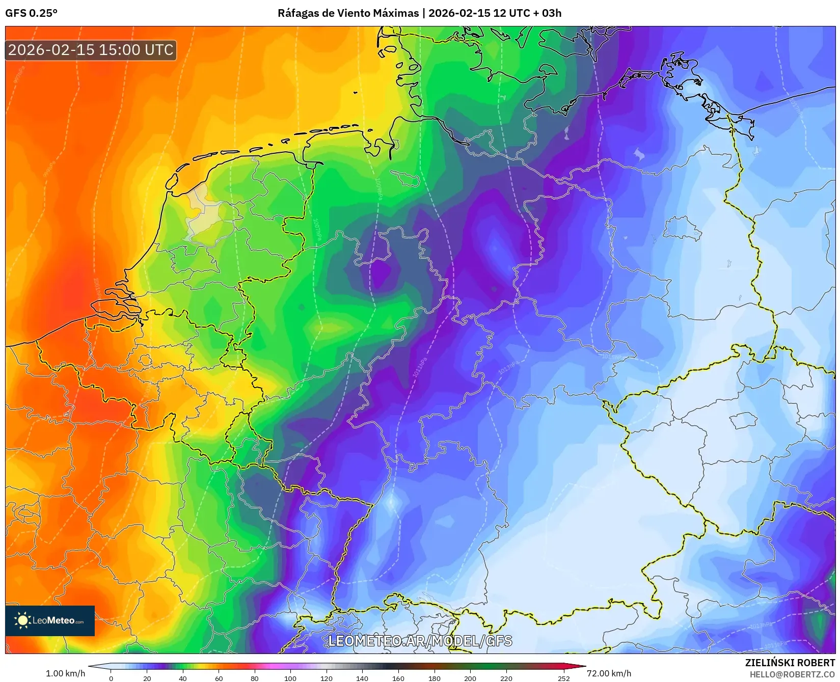 GFS model - Alemania, Ráfagas de Viento Máximas