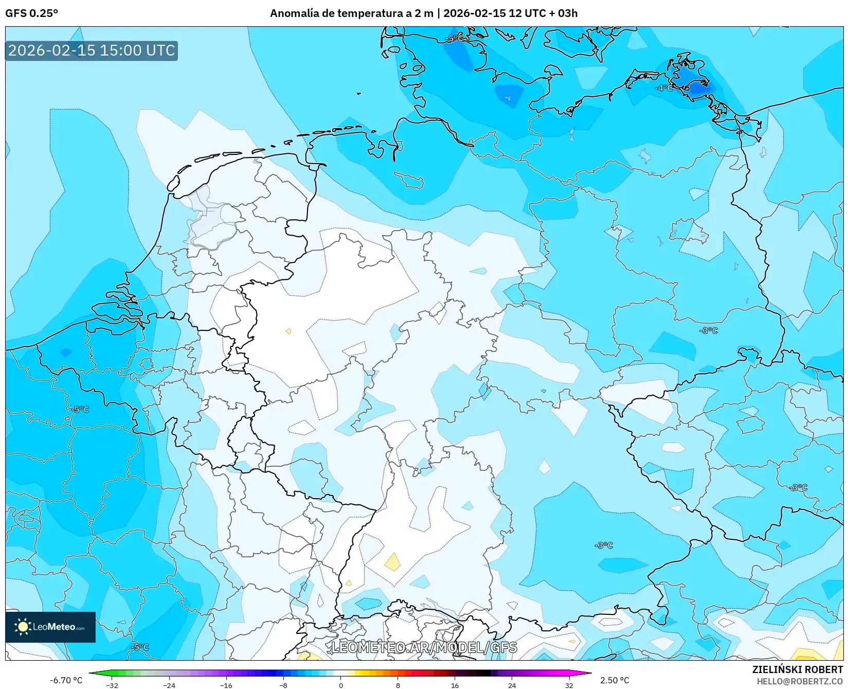 GFS model - Alemania, Anomalía de temperatura a 2 m