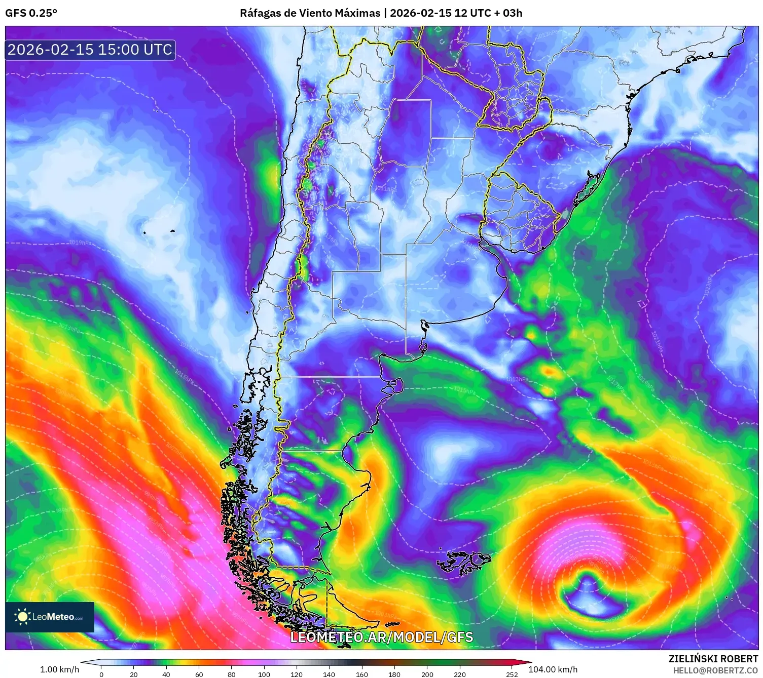 GFS model - Argentina, Ráfagas de Viento Máximas